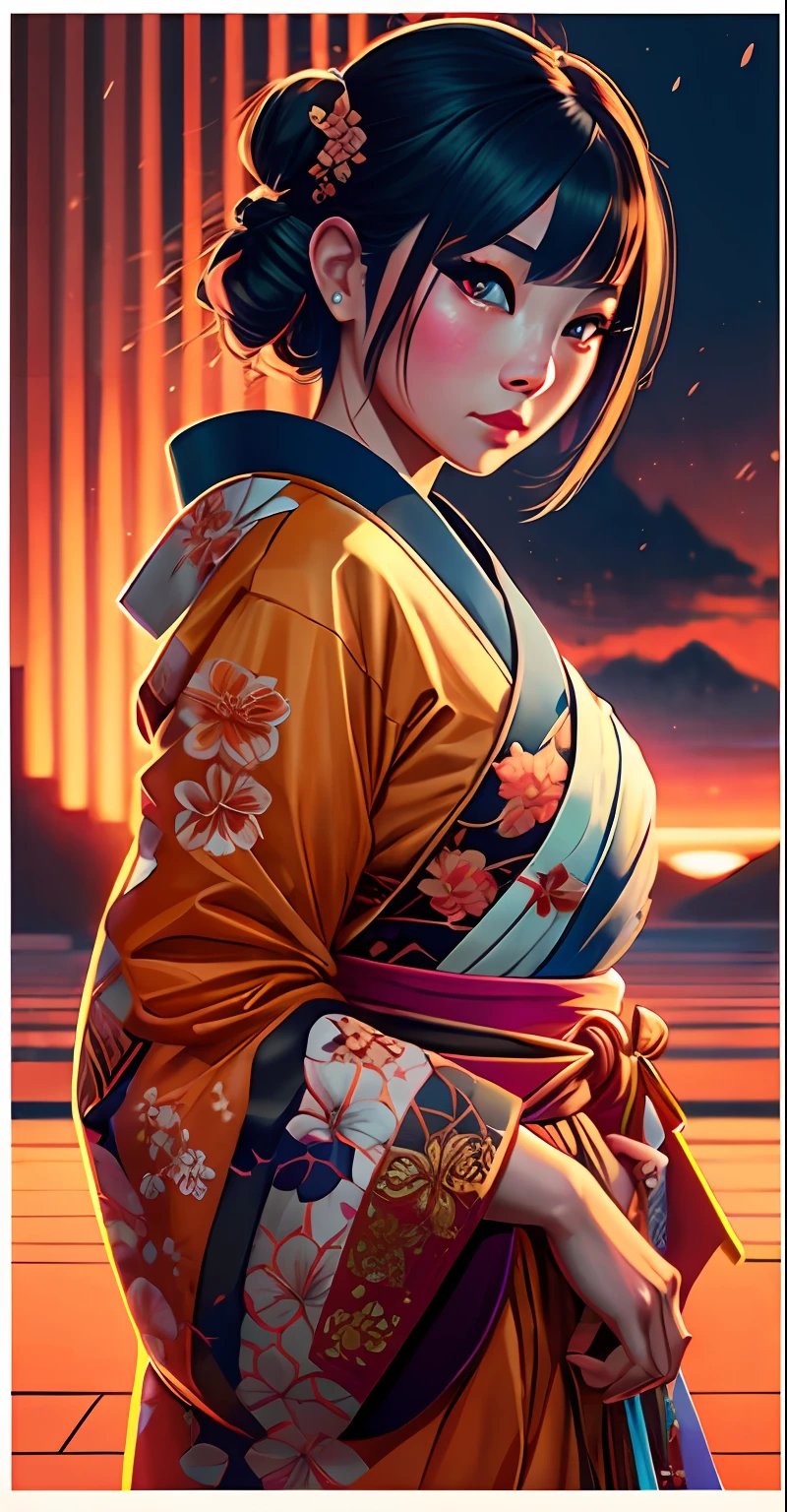 onmyoji,Japanese woman, hyper-detailing, warm tones, intricate details, volumetric, art by Iliya Kuvshinov, a glaring eyes, dvArchModern, 85 mm, f1.8, portraite of a, photo-realistic, A hyper-realistic, orange, Ultra-detailed, intrikate, dramatic, Sunset lighting, eye shadow, wide dynamic range