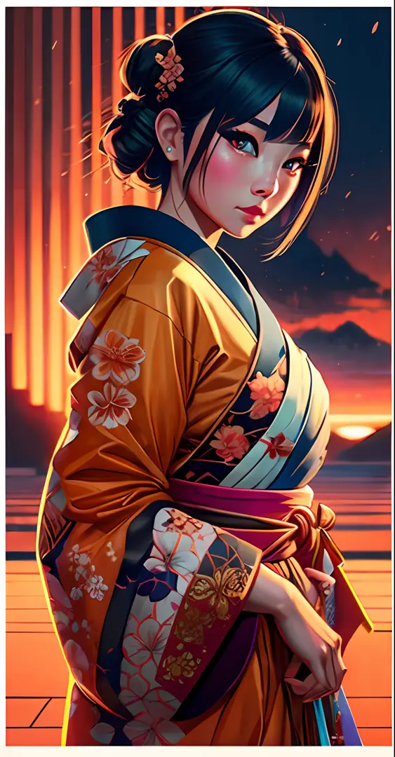 onmyoji,Japanese woman, hyper-detailing, warm tones, intricate details, volumetric, art by Iliya Kuvshinov, a glaring eyes, dvAr...