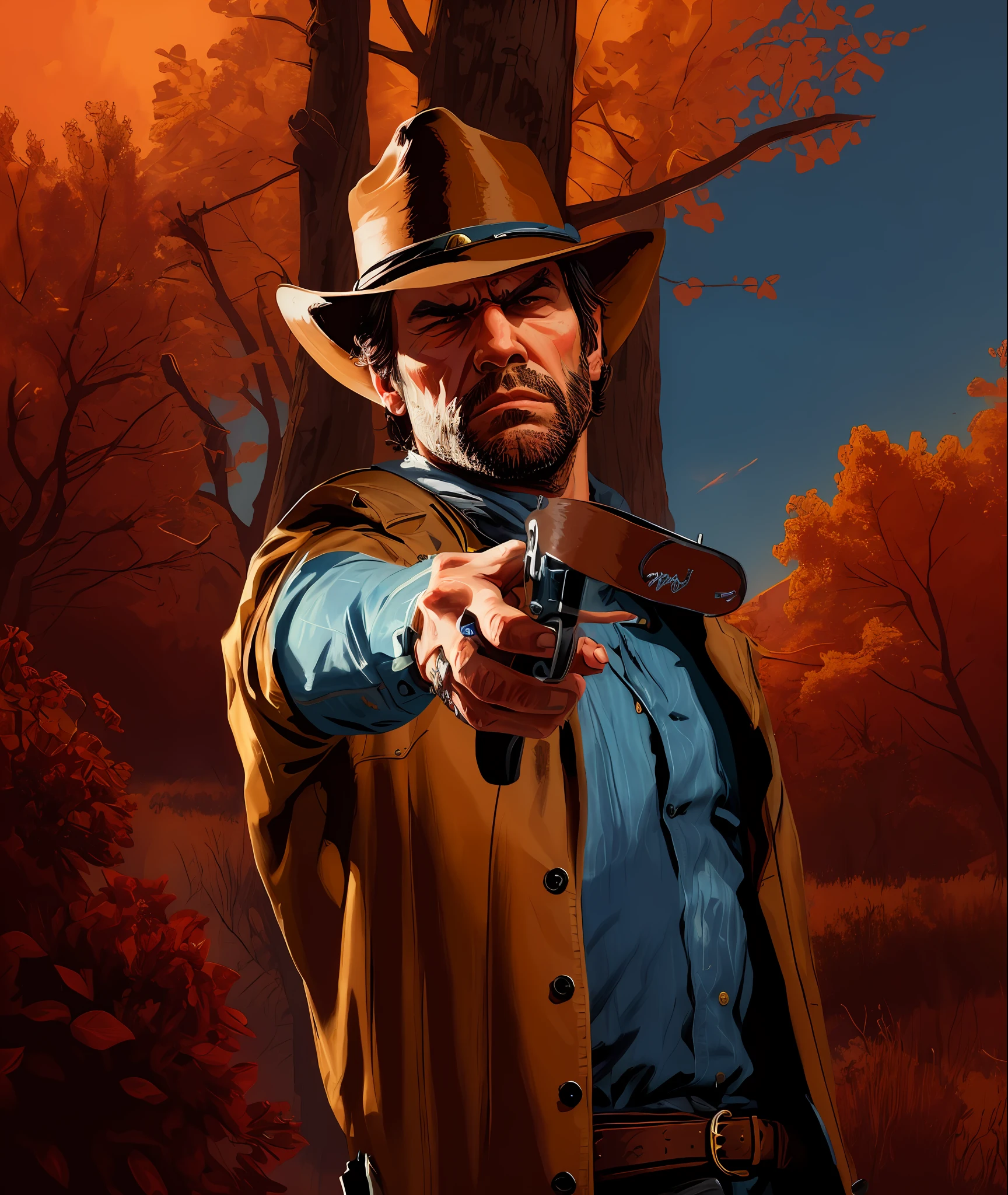 R3DD34Dstyle, digital portrait,  arthur morgan, sad, cowboy hat, brown jacket, blue shirt, red sky,