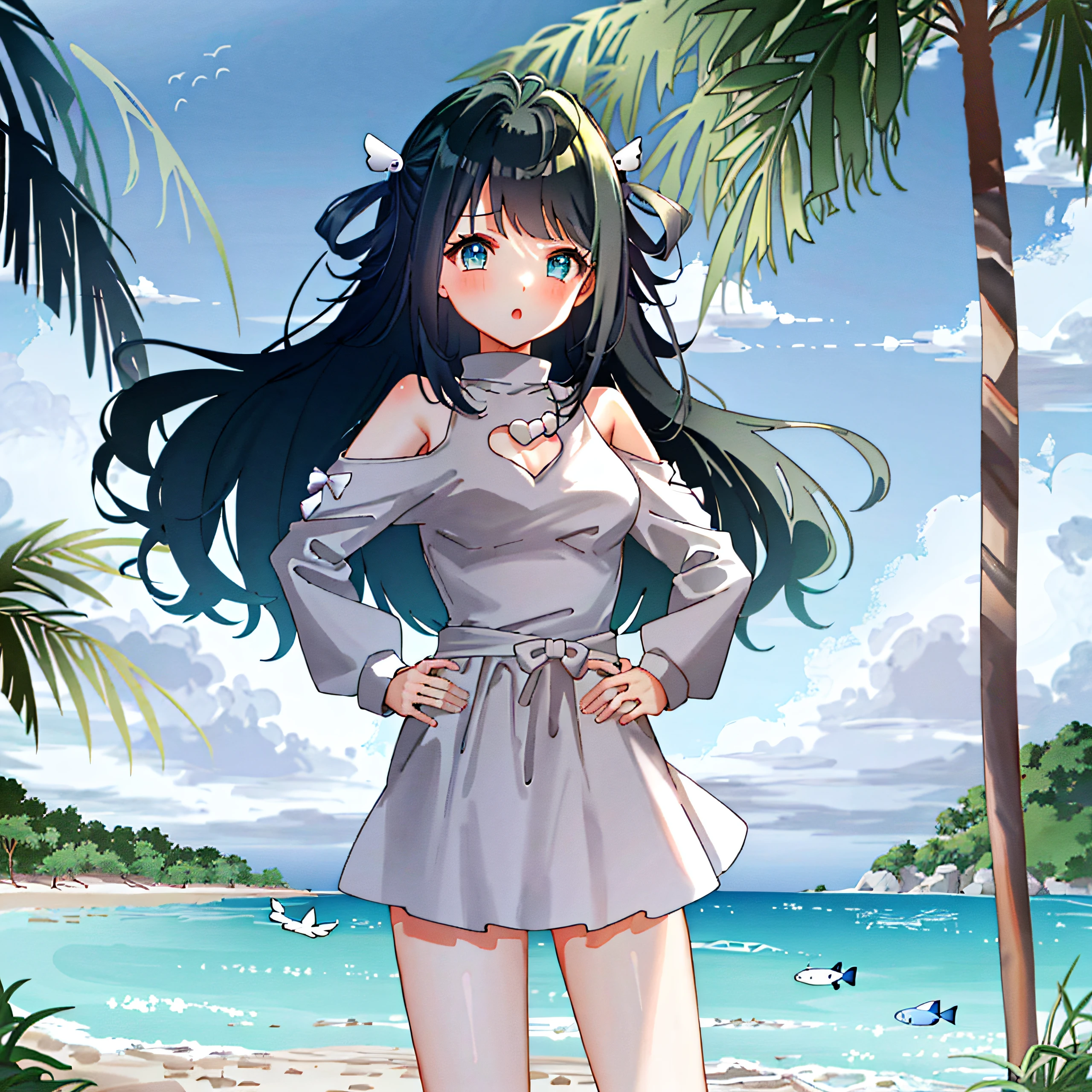 The art of cornflower, dreamy, (a beautiful, teenage, anime-style girl with blue eyes and long black hair, wearing a yellowish, shiny, long-sleeved, open-chested, long-skirted swimsuit, pink, white and yellow, heart posing on it, hands on the hips, in front of the beach and bright blue sky with clouds inside, palm trees in the background on both sides of the picture, and a lot of blue and yellow fish swimming in the sea, and a police helicopter with lights flying over the girl)