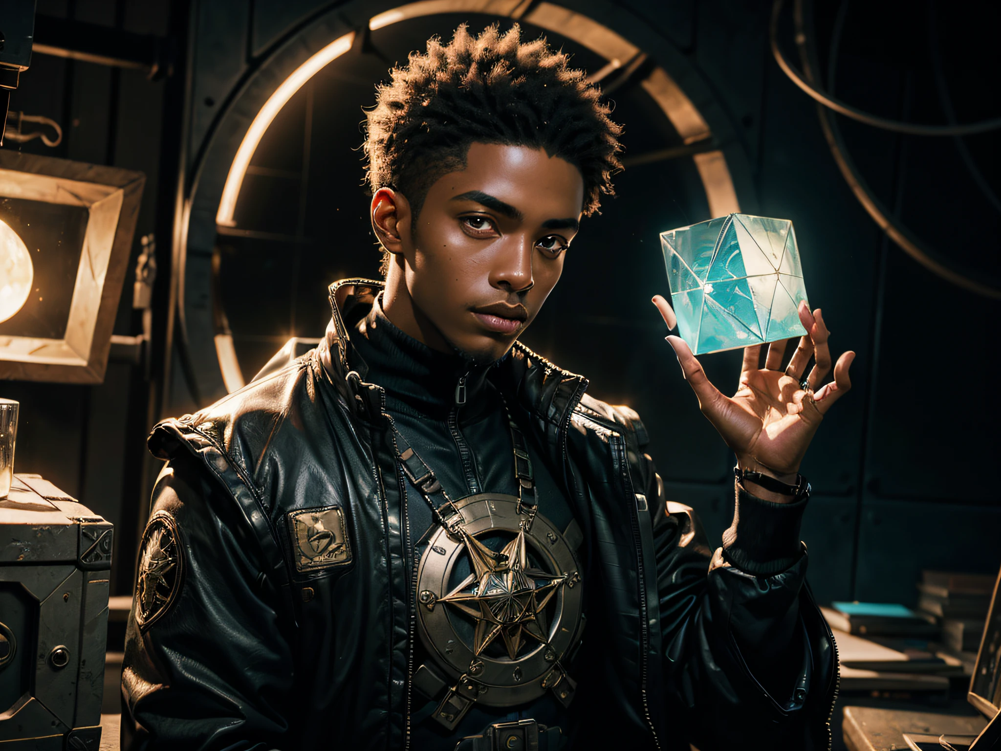 1man, (((a man))) coming out of a Stargate like the one in Stargate SG1, Black man. dark skin, detailed skin, holding a mechanical cube with circles on the sides. the cube has some glowing lines. the cube is metallic, radiating energy. the man is commanding the cube, the man is a scientist, )Man), dynamic, Hyper realistic, Photography, Picture of the week, RAW, beautiful, (finely detailed skin), African skin, (masterpiece) (perfect proportion)(realistic photo)(best quality) (detailed) photographed on a Canon EOS R5, 50mm lens, F/2.8, HDR, (8k) (wallpaper) (cinematic lighting) (dramatic lighting) (sharp focus) (intricate)