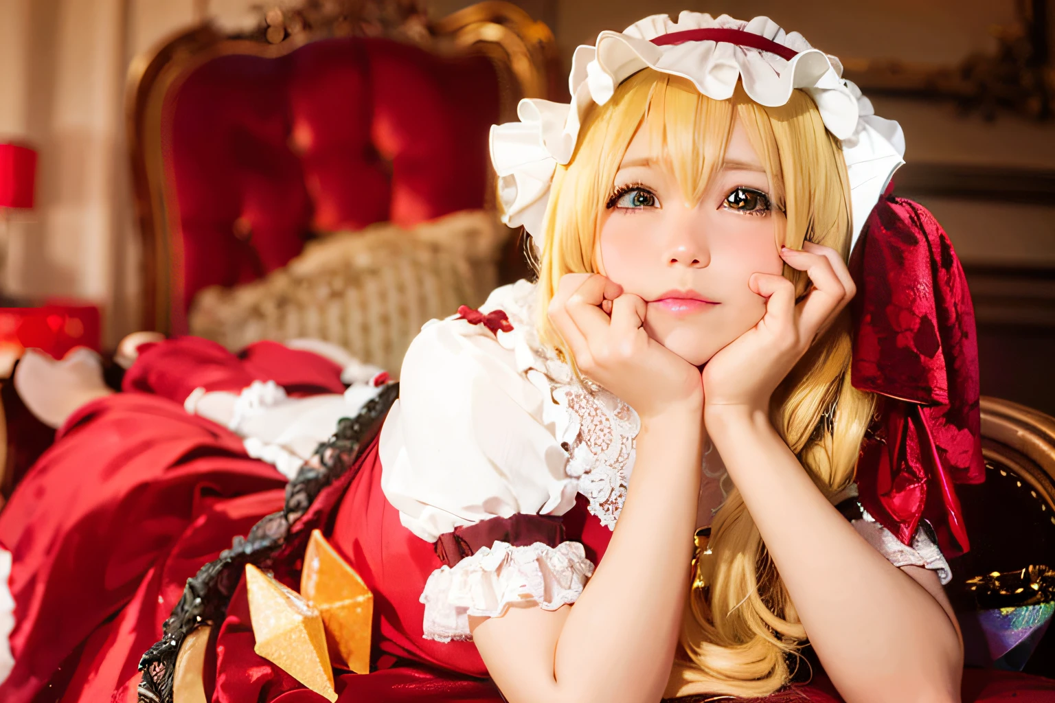 blond haired girl in a red dress laying on a red chair, Anime girl cosplay, cosplay foto, Anime Cosplay, Cosplay, portrait of the magical Lolita girl, kirisame marisa, anime girls in maid costumes, kirisame marisa from touhou, cosplay of a catboy! maid! Dress, gorgeous maid, from touhou, marisa kirisame, glamourous cosplay