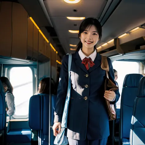 stewardess，Standing，Serve passengers in the cabin aisle，Smiling，Bag header，