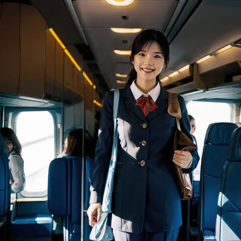 stewardess，standing，serve passengers in the cabin aisle，smiling，bag header，