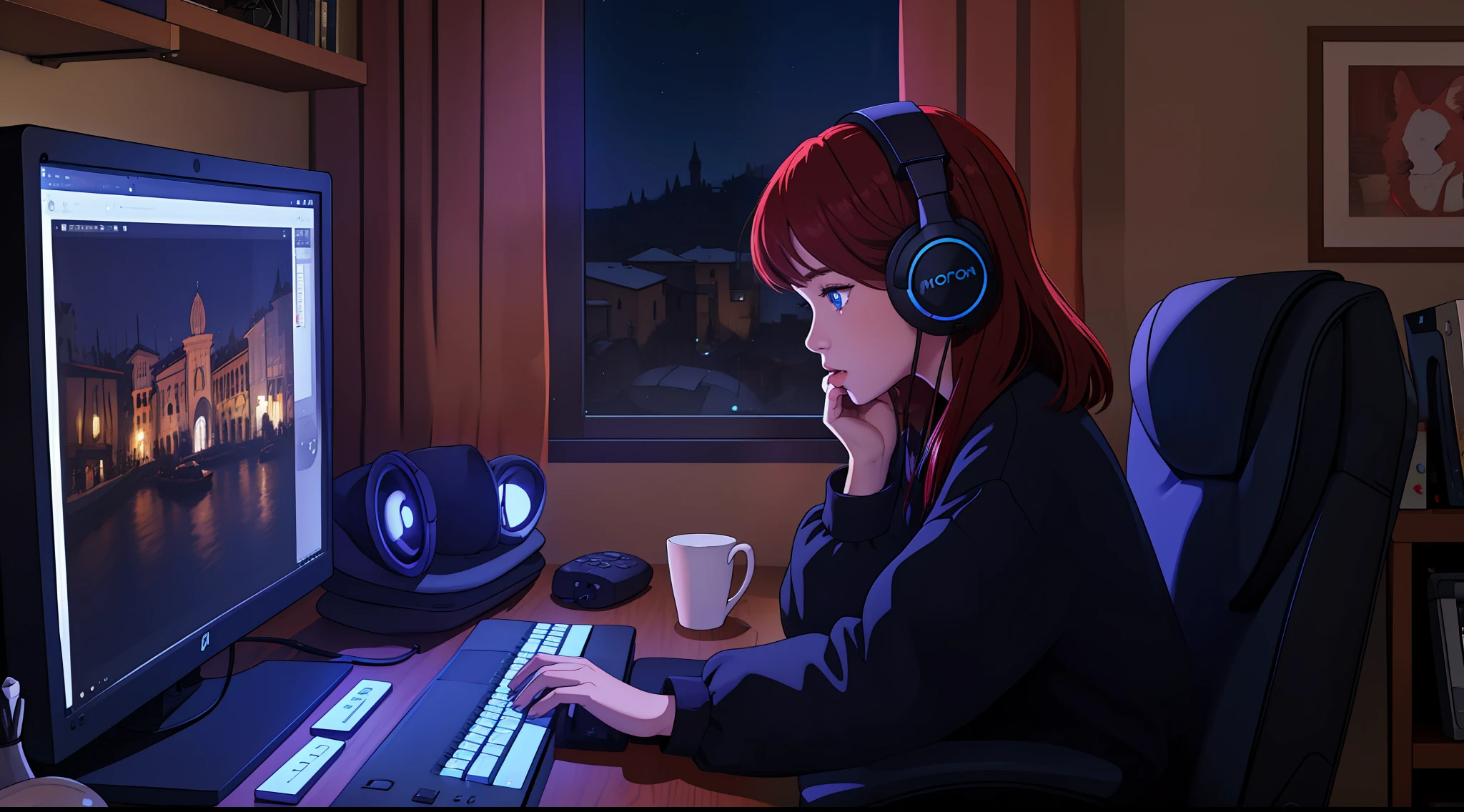 lofistudy, 1girl, from side, typing, redhead, blue eyes, chair, computer, headphones, indoors, keyboard_\(computer\), laptop, monitor, mouse_\(computer\), monitor, curtains, night, window, milan background