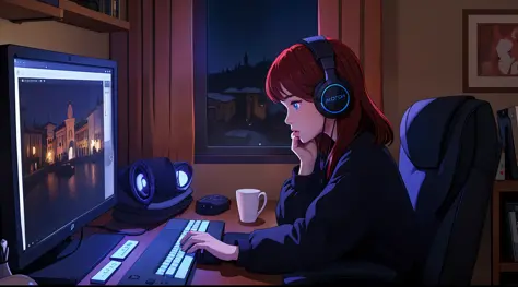lofistudy, 1girl, from side, typing, redhead, blue eyes, chair, computer, headphones, indoors, keyboard_\(computer\), laptop, mo...