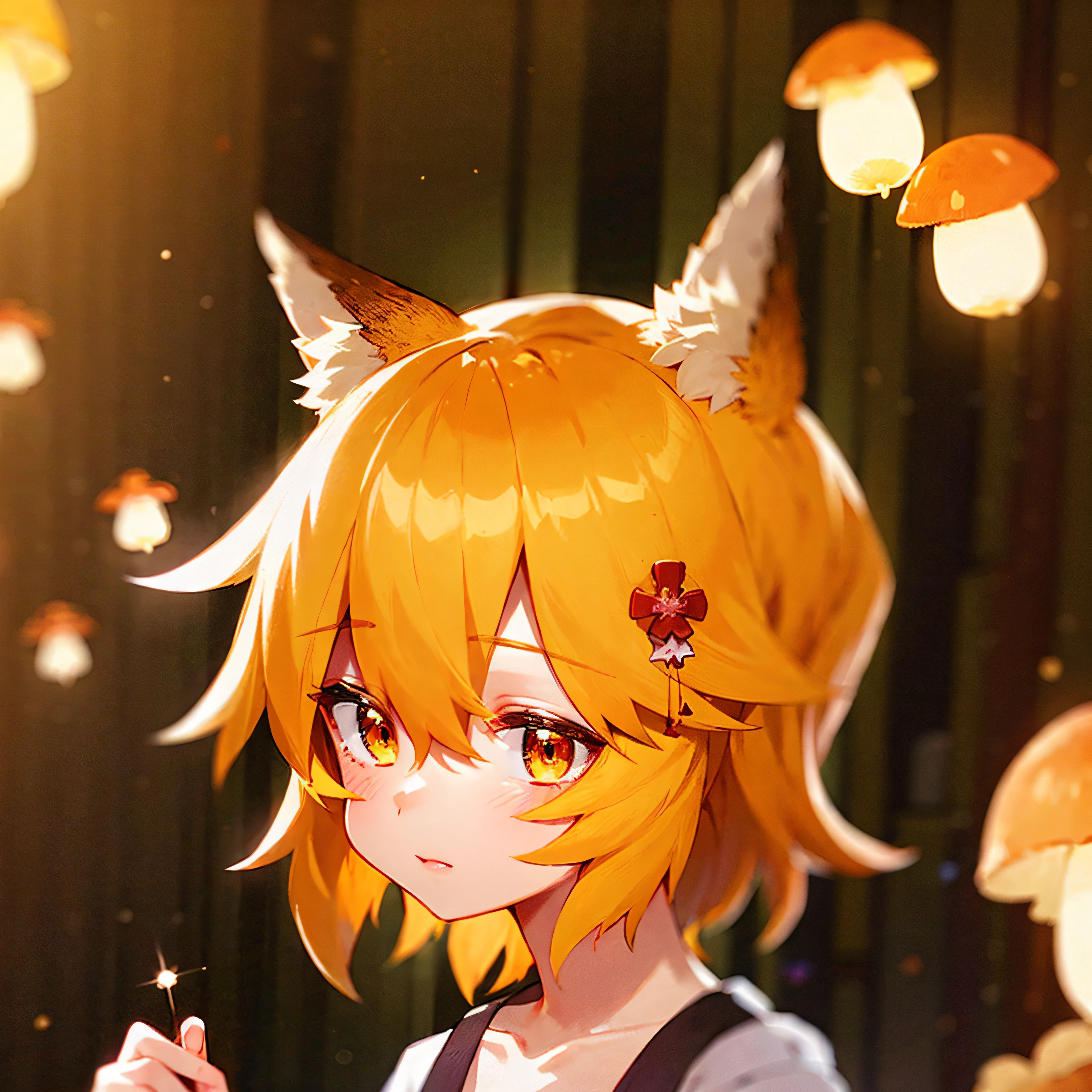 ultra-detailed, (detailed light:1.05), detailed background, detailed face, detailed eyes, sen, animal ears, fox ears, fox girl, fox tail, hair flower, hair ornament, orange eyes, orange hair, short hair, tail, flat chest, 1 girl in a magical, whimsical mushroom forest with giant colorful mushrooms, sparkling lights, and a cute charming atmosphere.