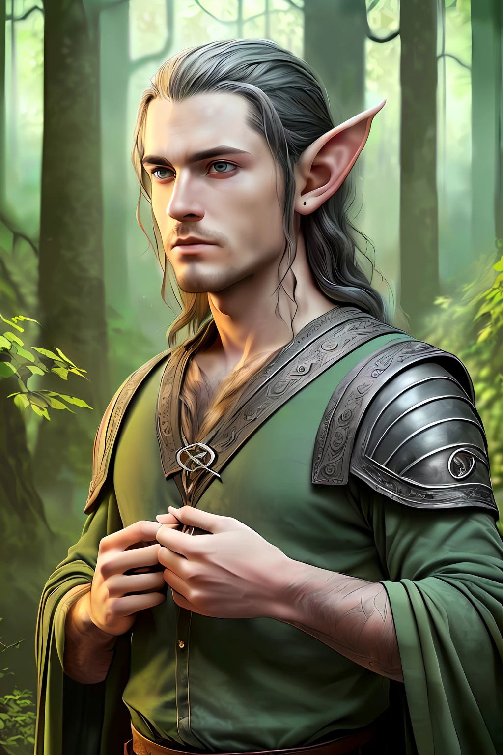 masterpiece, best quality, (realistic:1.3), **Highly detailed fantasy photography an elf male lord in a lord of the rings setting, close face yet astonishing view in the back with gothic buildings and nature, pointed ears, staring intensely into camera, in a forest, in the style of made of vines, tom bagshaw, light grey and green, Photorealistic