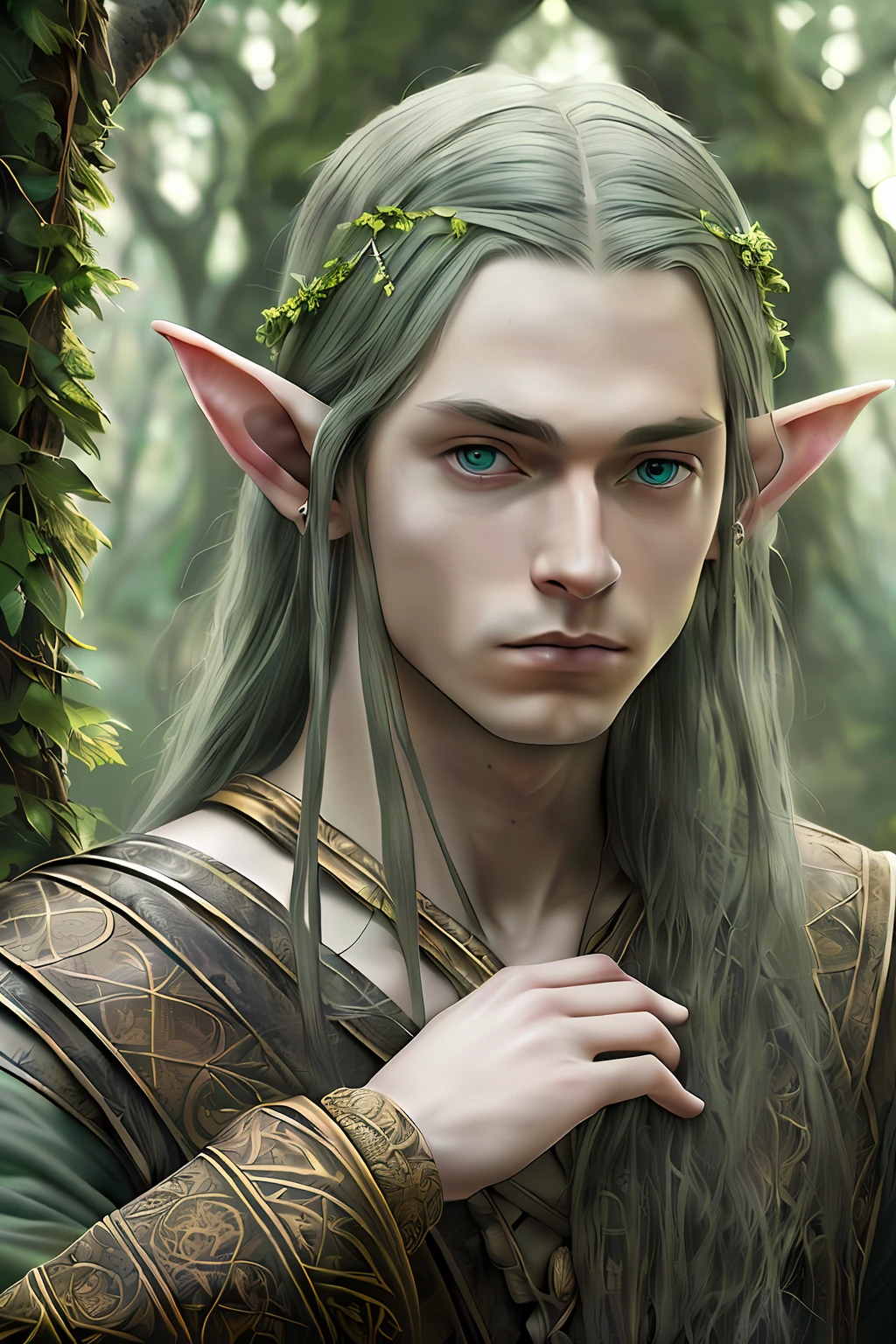 masterpiece, best quality, (realistic:1.3), **Highly detailed fantasy photography an elf male lord in a lord of the rings setting, close face yet astonishing view in the back with gothic buildings and nature, pointed ears, staring intensely into camera, in a forest, in the style of made of vines, tom bagshaw, light grey and green, Photorealistic