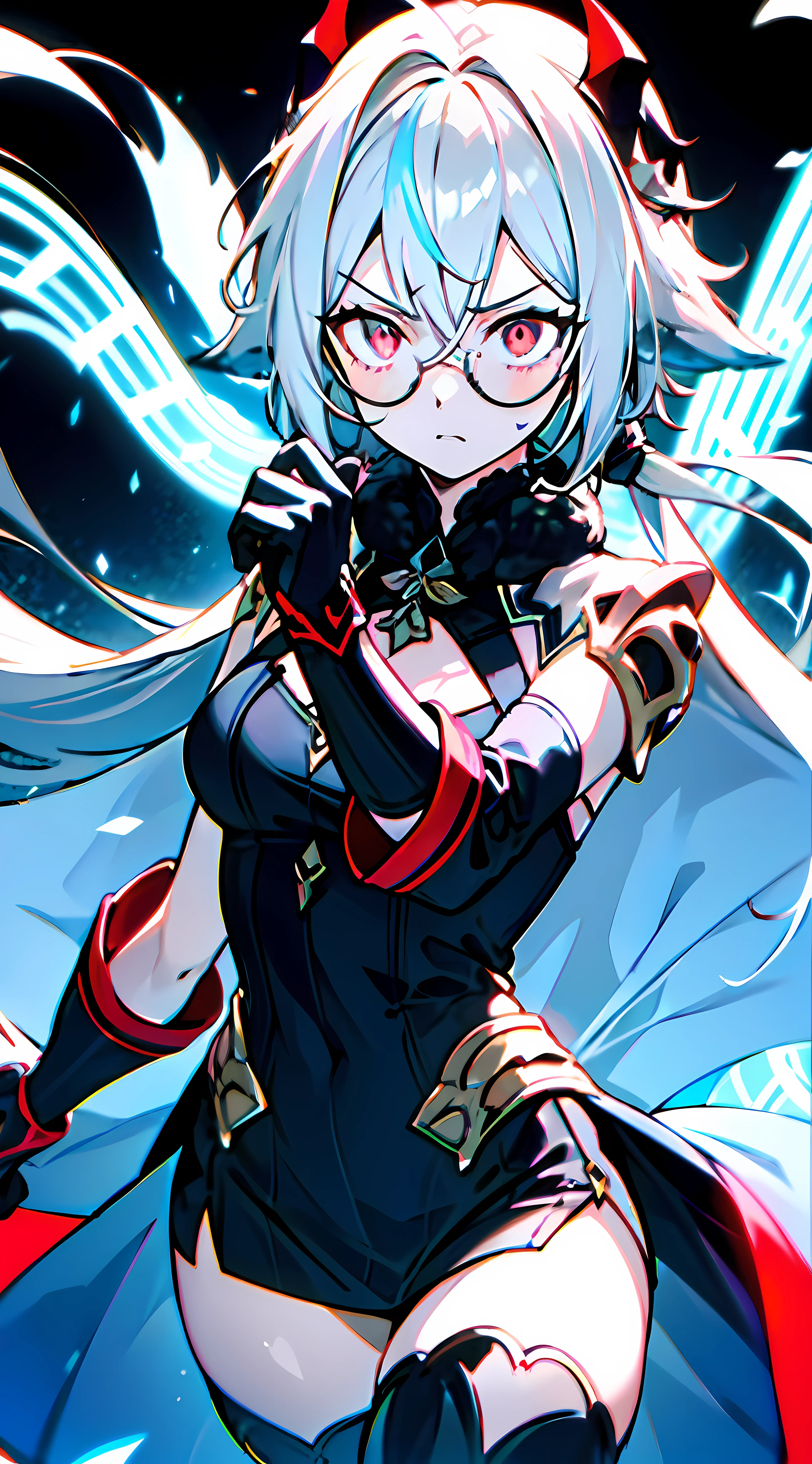 1girl, (solo:1.2), ((masterpiece)), slim, , pale skin, ((detailed eyes)), (bokeh effect), (dynamic angle), dynamic pose, white hair, sucrosedef, glasses, annoyed, gloves, red eyes, (constricted pupils), black attire, (dark theme), evil theme, dark background