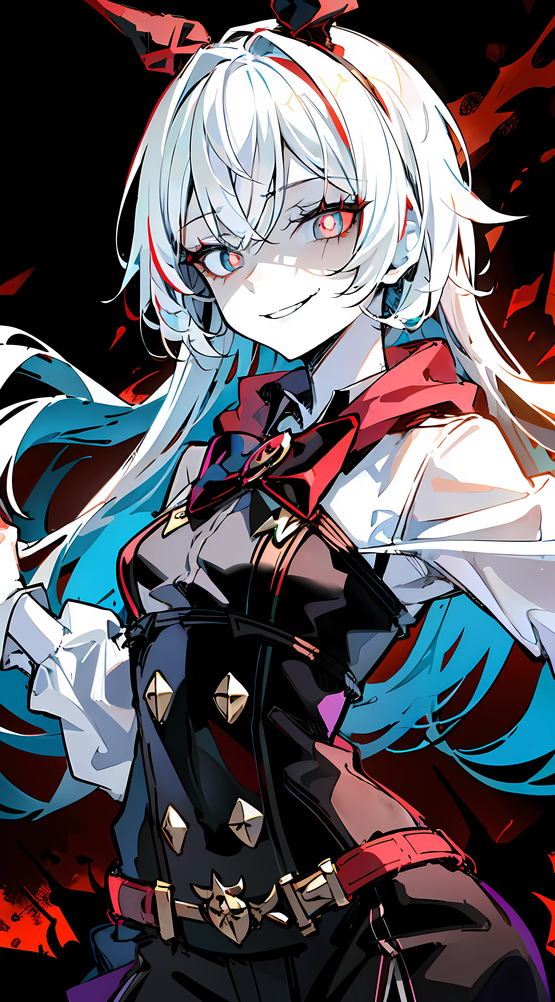 1girl, (solo:1.2), ((masterpiece)), slim, , pale skin, ((detailed eyes)), (bokeh effect), (dynamic angle), dynamic pose, white hair, black bow tie, black attire, (red) eyes, ((wicked)) smile, long hair, dark background, (constricted pupils), (evil smile), small pupils, smug, (insane), (evil theme), dark theme