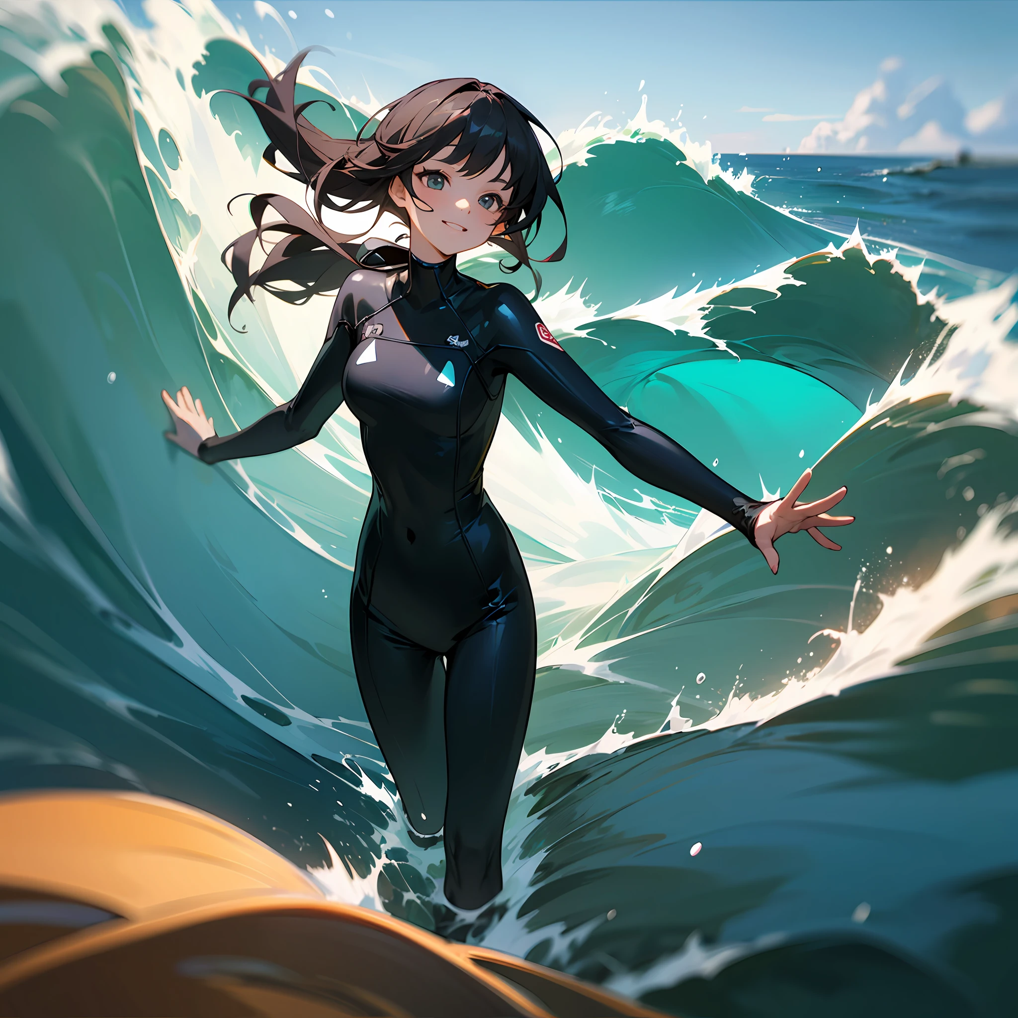 Anime girl in wetsuit surfing on a wave in the ocean - SeaArt AI