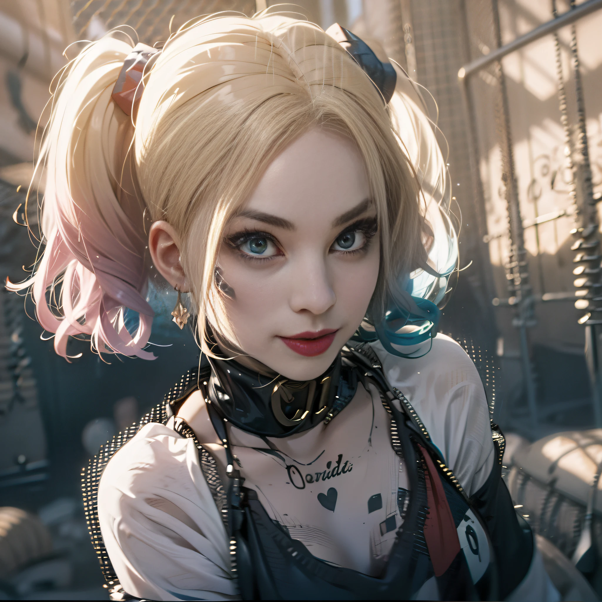 Harley Quinn from Suicide Squad 2016,1Menina , Peitos grandes, bunda grande, sorriso largo, peituda, corpo magro, short hair, Olhos Sexy, vista de frente, Looking at the Viewer, 8k, alta qualidade , olhos altamente detalhados, cara longa, cyber realism, Olhos bonitos, Realistic, DSLR, Cabelos de alta qualidade, grosso, Inclinado, quarto , retrato, olhos perfeitos , cabelo sedoso, corpo magro, cabelo de um lado, Hot lips, Olhos do mesmo tamanho, rosto jovem, pernas altas, olhos altamente detalhados, corpo brilhante, Tatuagens, cabelo rosa, Olhos detalhados, Sardas, Olhos da mesma cor,