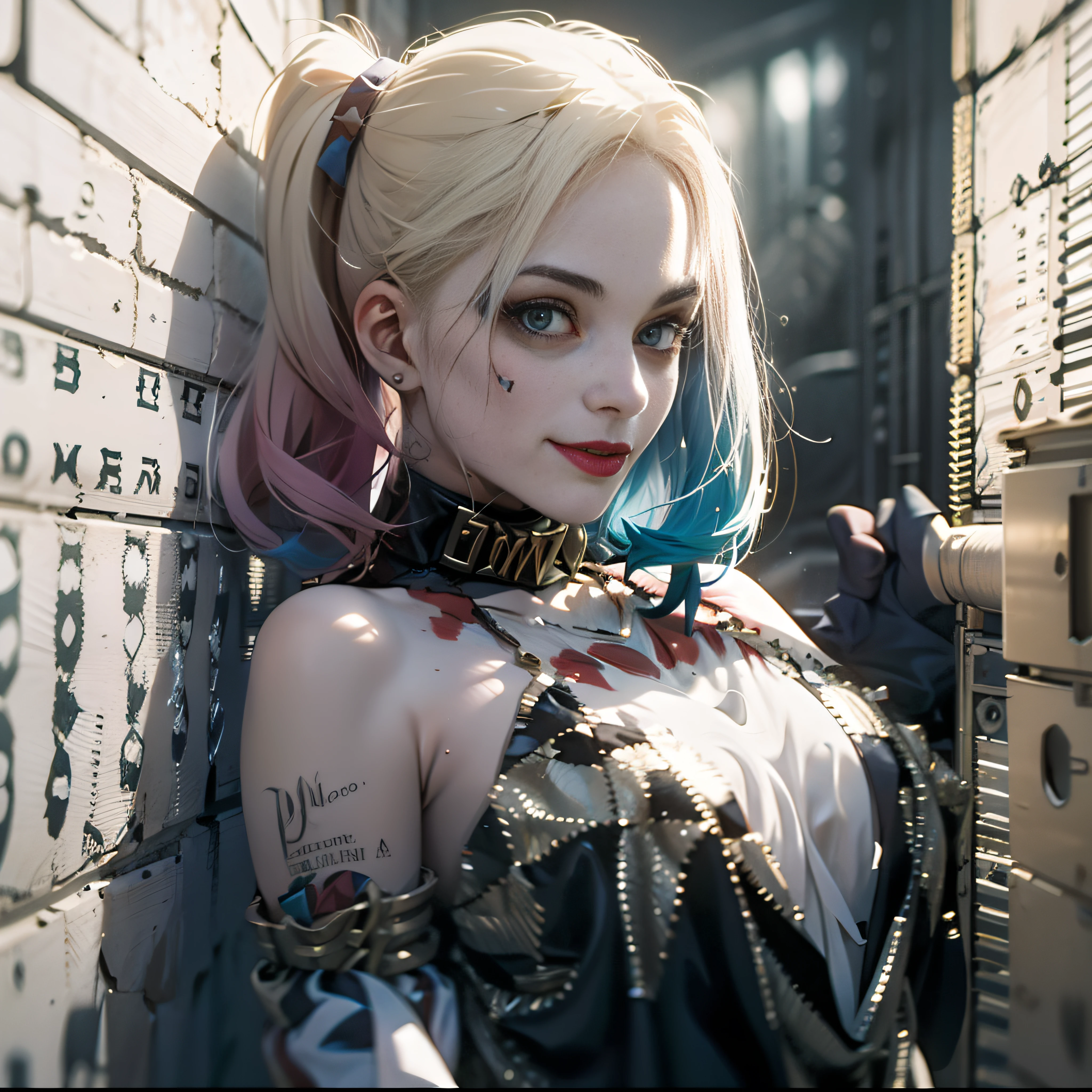 Harley Quinn aus Suicide Squad 2016,1 , Große Brüste, Großer Arsch, breites Lächeln, verstecken, schlanker Körper, Kurzes Haar, sexy Augen, Vorderansicht, den Betrachter anschauen, 8k, gute Qualität , sehr detaillierte Augen, langes Gesicht, cyber realism, Wunderschöne Augen, realistisch, DSLR, Cabelos de gute Qualität, dick, Gekippt, Zimmer , Porträt, perfekte Augen , seidiges Haar, schlanker Körper, Haare auf einer Seite, heiße Lippen, Gleich große Augen, junges Gesicht, hohe Beine, sehr detaillierte Augen, glänzender Körper, Tätowierungen, pinkes Haar, Detaillierte Augen, Sommersprossen, Gleiche Augenfarbe,