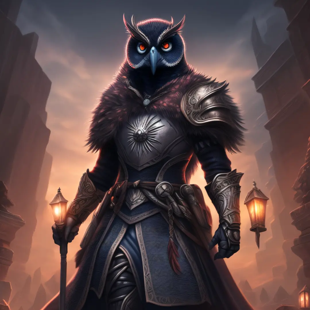 high-quality, detailed CG art, featuring a black Owlin Cleric in a twilight setting. The artwork should showcase intricate detai...
