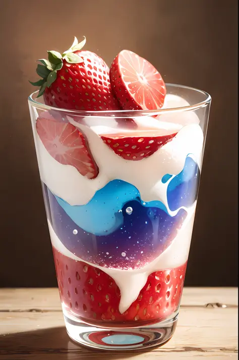 （Fantastic photos：1.3）（Realiy：1.3），（with dynamism：1.3）Product photography of strawberries falling into a glass of whiskey，spatte...