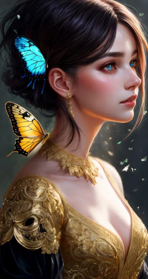 8k portrait of beautiful cyborg with multicolor hair, intricate, elegant, highly detailed, majestic, digital photography, art by artgerm and ruan jia and greg rutkowski surreal painting gold butterfly filigree, broken glass, (masterpiece, sidelighting, fin...
