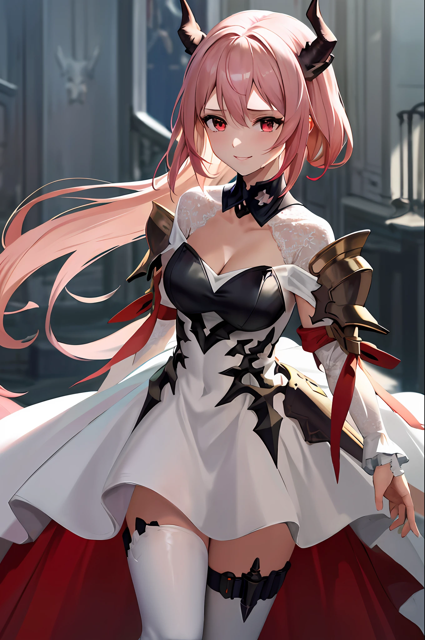 masterpiece, best quality, highres, 1girl, horns,(theresahead), red eyes, crying, white dress solo, shoulder armor, dress, very long hair, thigh strap, white dress, big sword, steel greaves, steel gauntlets , cleavage, pauldrons, white thighhighs, medium breasts, bangs, detached sleeves, standing, smiling