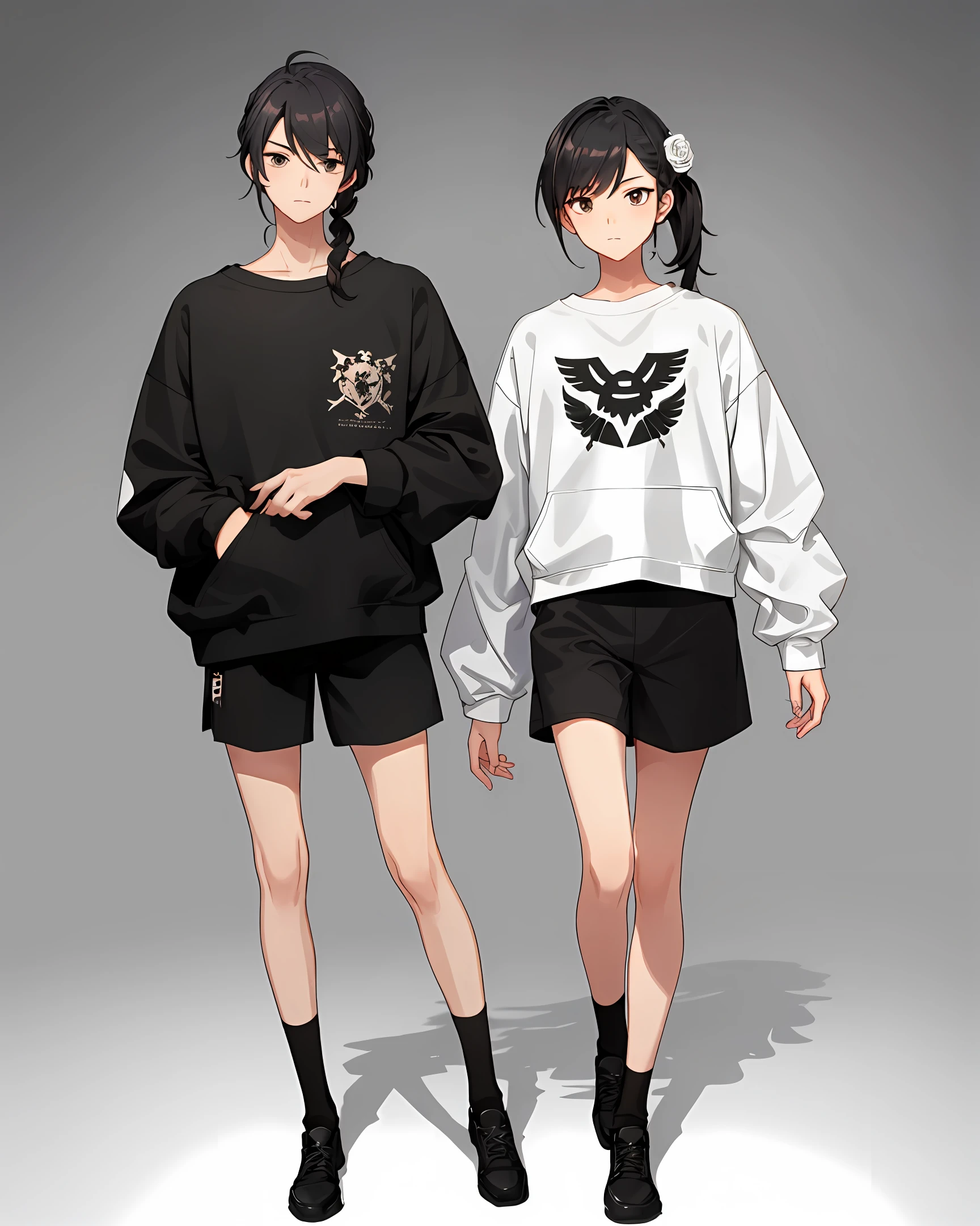 Two anime characters in black and white outfits standing next to each other  - SeaArt AI