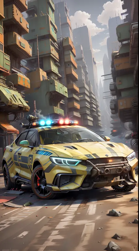 a futuristic police car on the street of a futuristic city