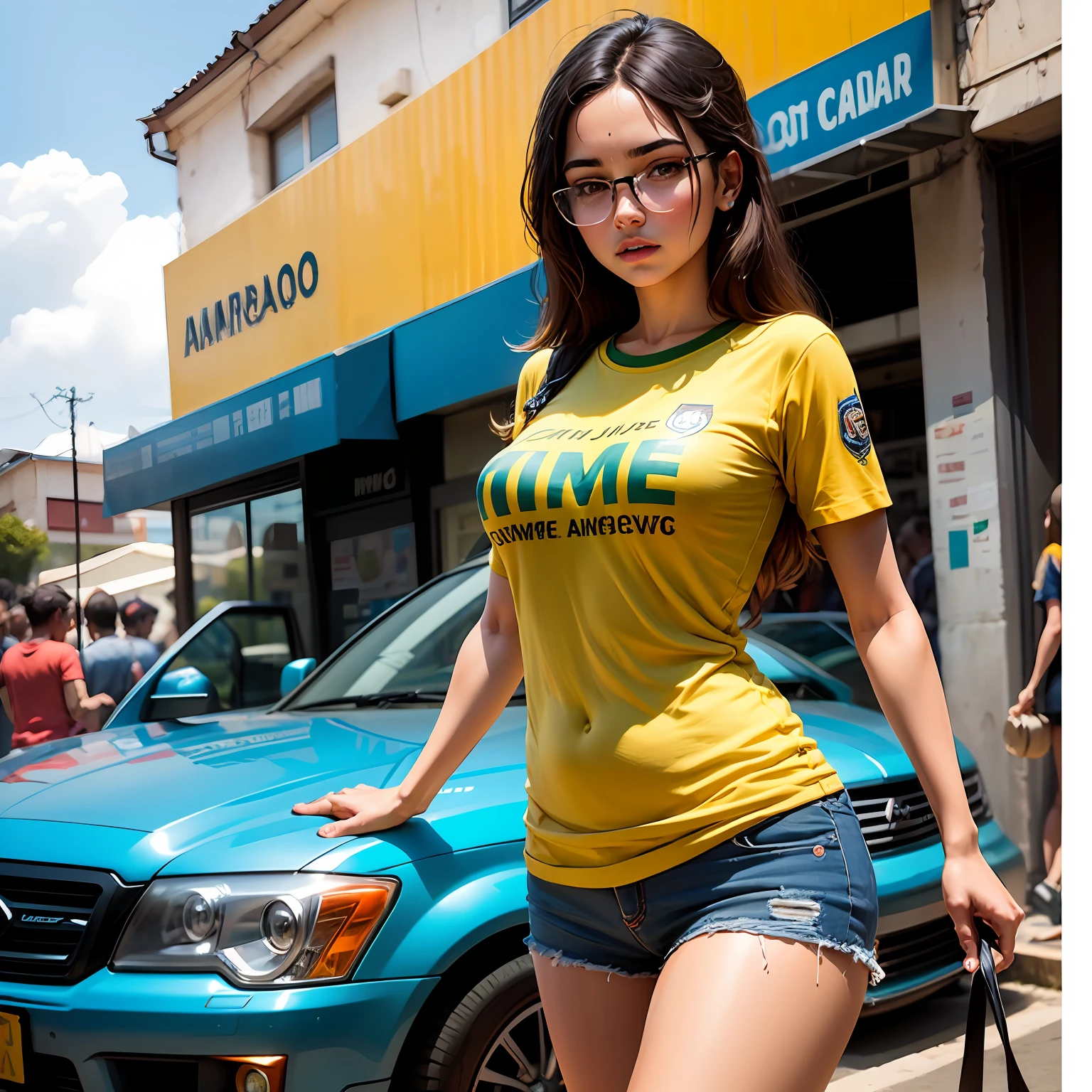 Mulher arafa de camisa amarela e short azul andando pela rua - SeaArt AI