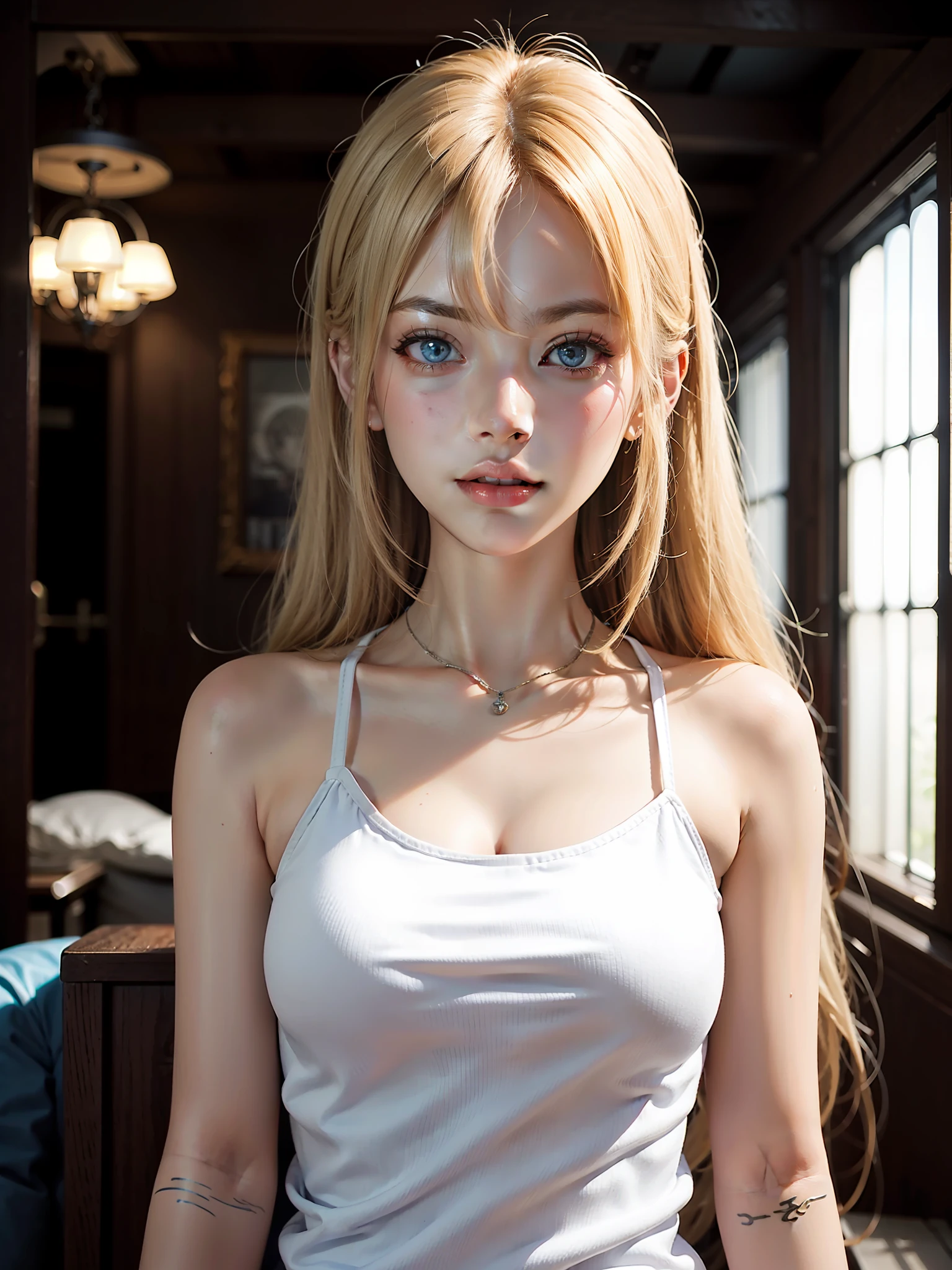 Super long straight hair、Blonde girl posing with white top、Very beautiful girl、White shiny skin、16yo girl、Beautiful platinum blonde girl、large blue eyes、