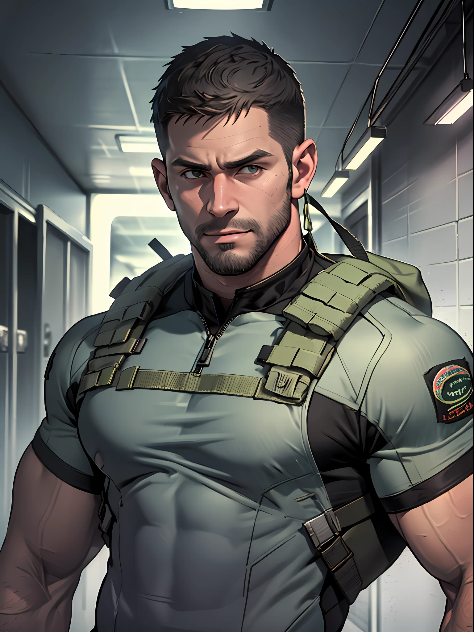 1 man, solo, 35 year old, Chris Redfield, wearing grey T shirt, smirks, green color on the shoulder and a bsaa logo on the shoulder, millitary tactical suit, tall and hunk, biceps, abs, chest, best quality, masterpiece, high resolution:1.2, upper body shot, dark black gloomy hallway in the background, detailed face, shadow, volumetric lighting, upper body shot, low camera angle