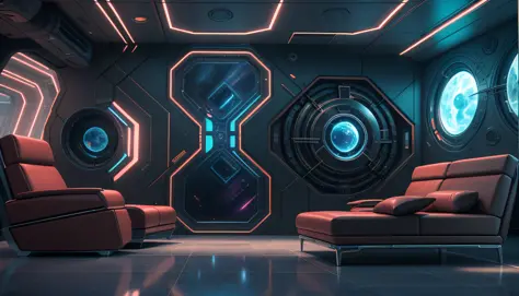 There is a room with sofa and chairs, a room with light, detailed matte paintings by senior environmental artists, 3D renderings...