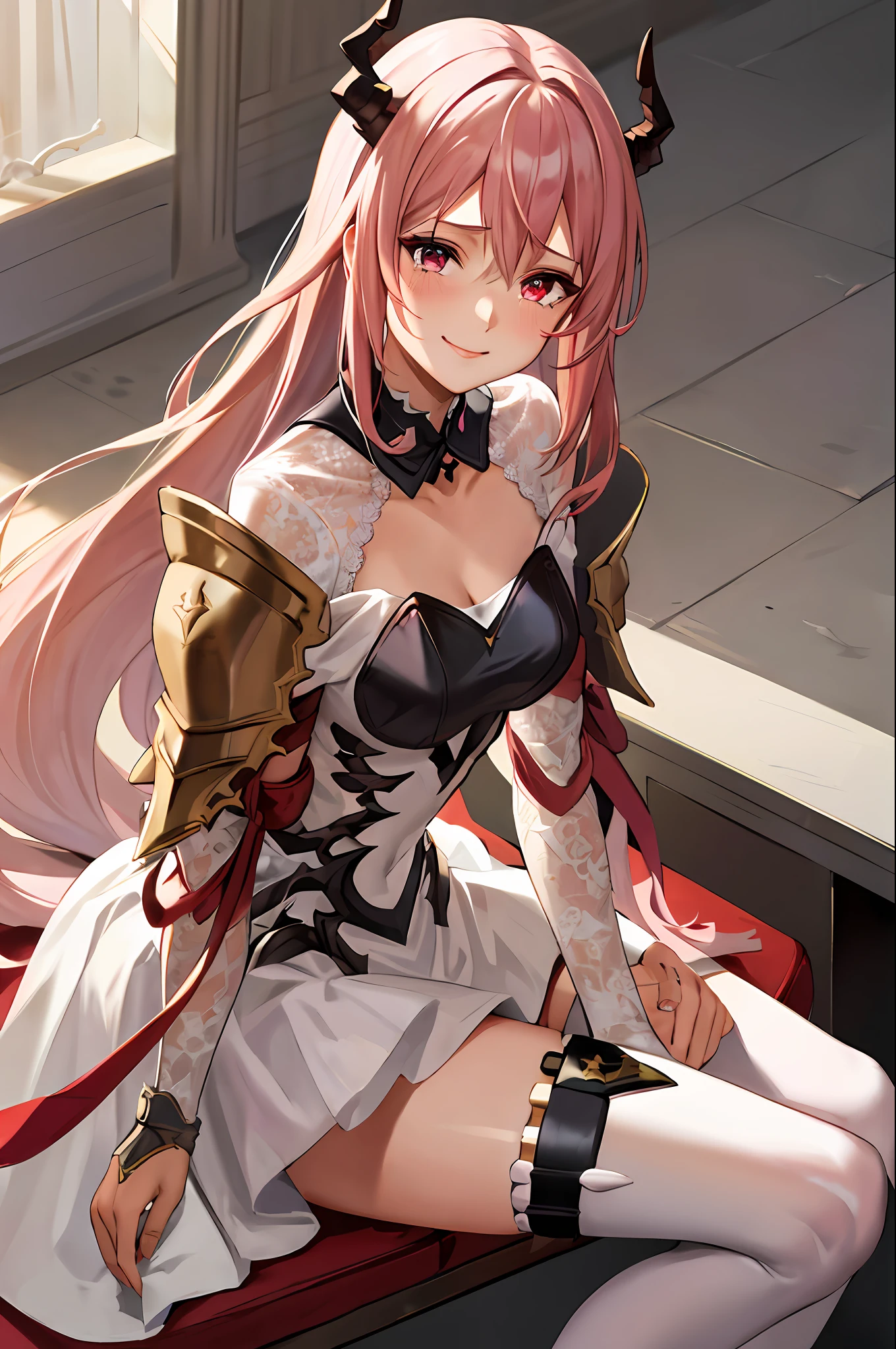 masterpiece, best quality, highres, 1girl, horns,(theresahead), (red eyes), (crying), white dress solo, shoulder armor, dress, very long hair, thigh strap, white dress, (holding big sword), (wearing steel greaves), (wearing steel gauntlets), (wearing chest plate), cleavage, pauldrons, white thighhighs, medium breasts, bangs, detached sleeves, sit on the chair, smiling, drink a tea