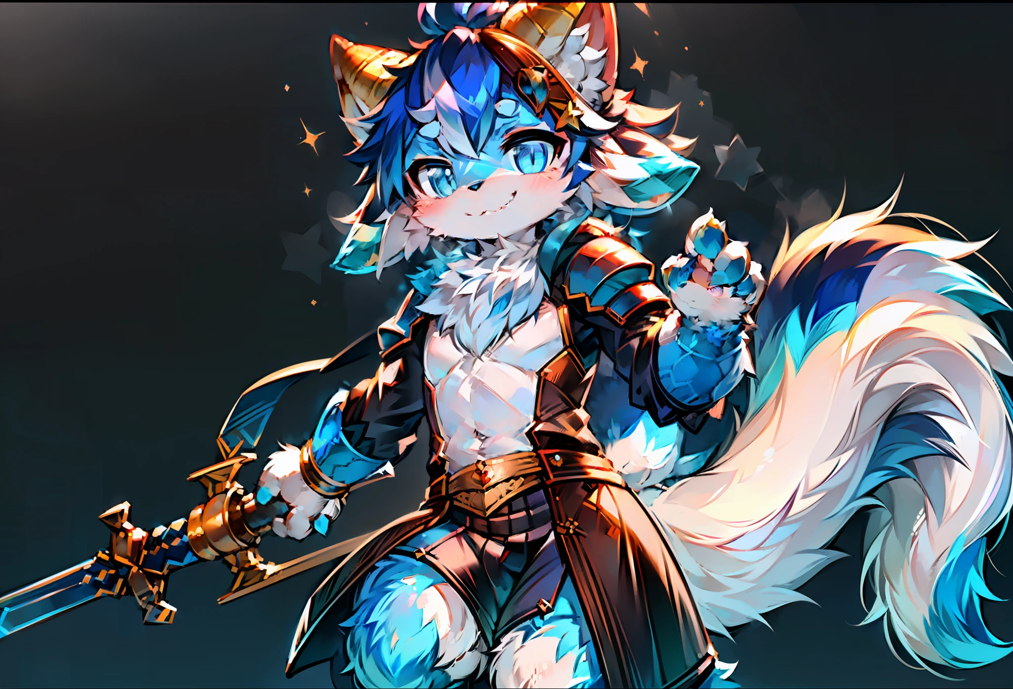 巨作,High quality,abstract res,Digital painting\(artwork of a\), Yupa,Kiyosan,(anthro,Fluffy fur,Character focus:1.1),anthro male cat,eyes with brightness, 独奏, shaggy, shaggy male, (Full Body Furry, Fluffy tail, Pure white fur, blue color eyes, There are blue horns on the head，There are stars in the eyes，ssmile:1.2), (long canines、holding a longsword、full armour、sense of science and technology、looking toward the viewer：1.2），（External、the night、As estrelas、A starry sky：1.1），White fur，blue color eyes