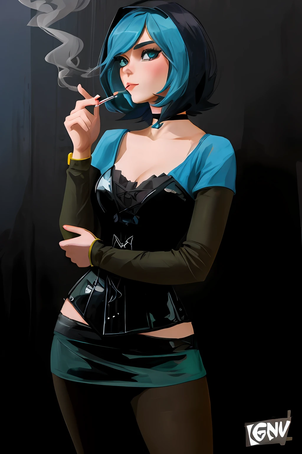 A close up of a woman with blue hair smoking a cigarette - SeaArt AI