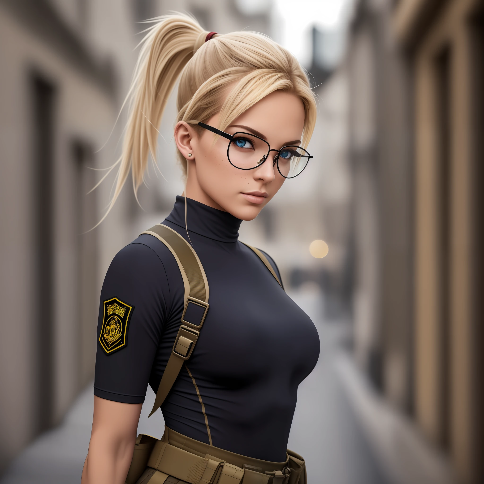 Cammy White (Street Fighter), olhos cinzas, cabelo blondie cinza ponytail, pale skin and freckles, soft and beautiful lips, Aviator glasses with yellow transparent lenses, wearing tactical black baselayer, military office pants, coturno preto tratorado, portando um fuzil de assalto M4A1, se preparando para atacar e emboscar, ruas de Moscou em guerra. Noite sob luz das ruas. Luz natural, poor lighting, fotorrealista, HD, 8k, obra prima, hdr, RAW, mirando