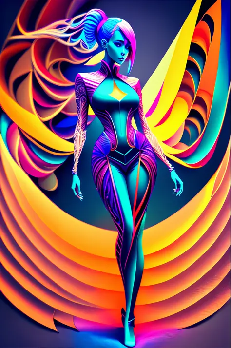 multi dimensional quilling paper,a woman in futuristic tights，neonlight, 3 d neon art of a womens body, hyper-realistic cyberpun...