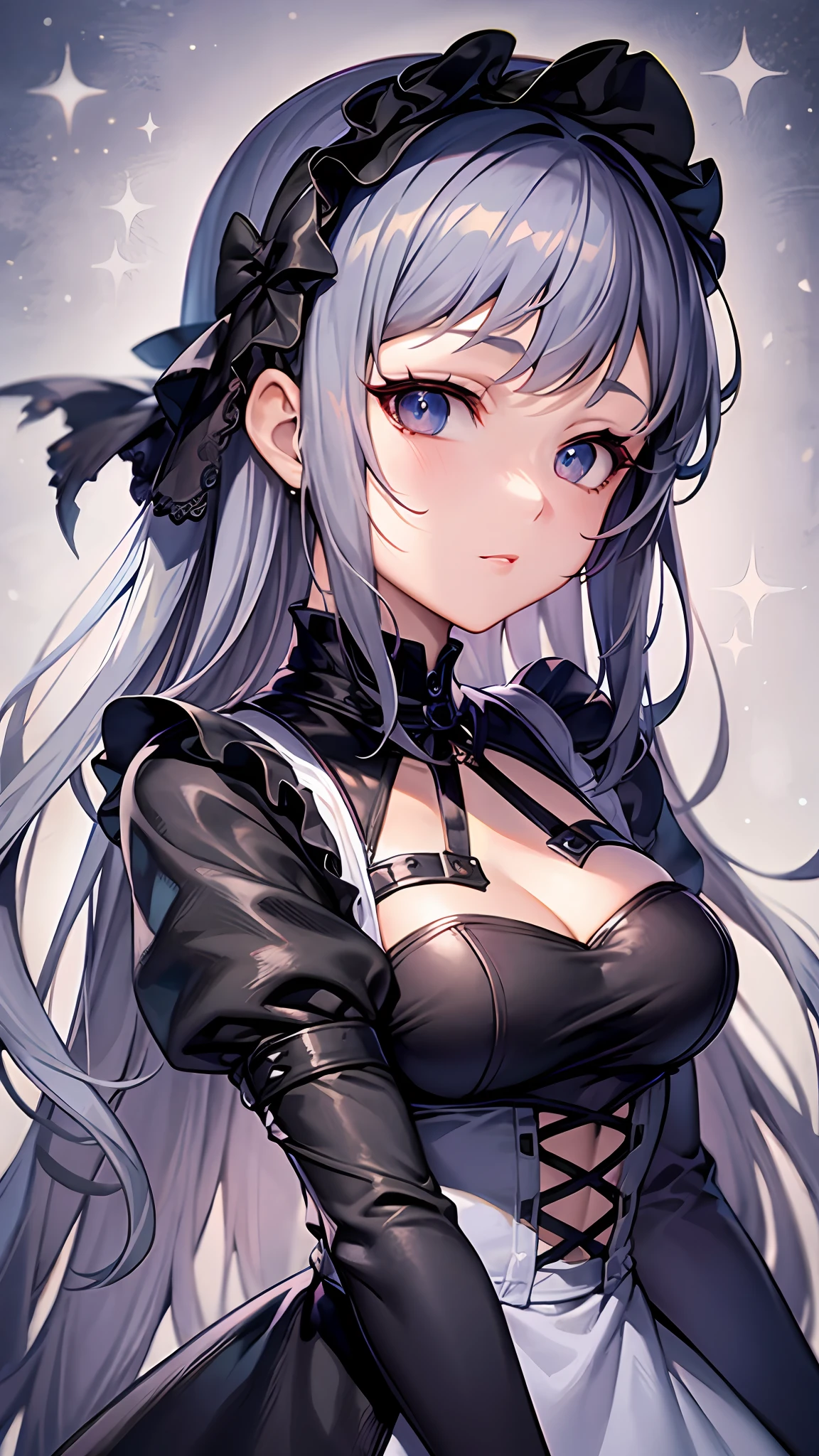 Close up portrait of woman in dress in white and black dress、Gothic Otome anime girl、anime girl wearing a black dress、Cute anime waifu in a nice dress、Anime girl in maid costume、Elegant Gothic princess、guweiz、Gwaits at Pixiv Art Station、Gwaitz at Art Station pixiv、Beautiful anime girl、Light smile