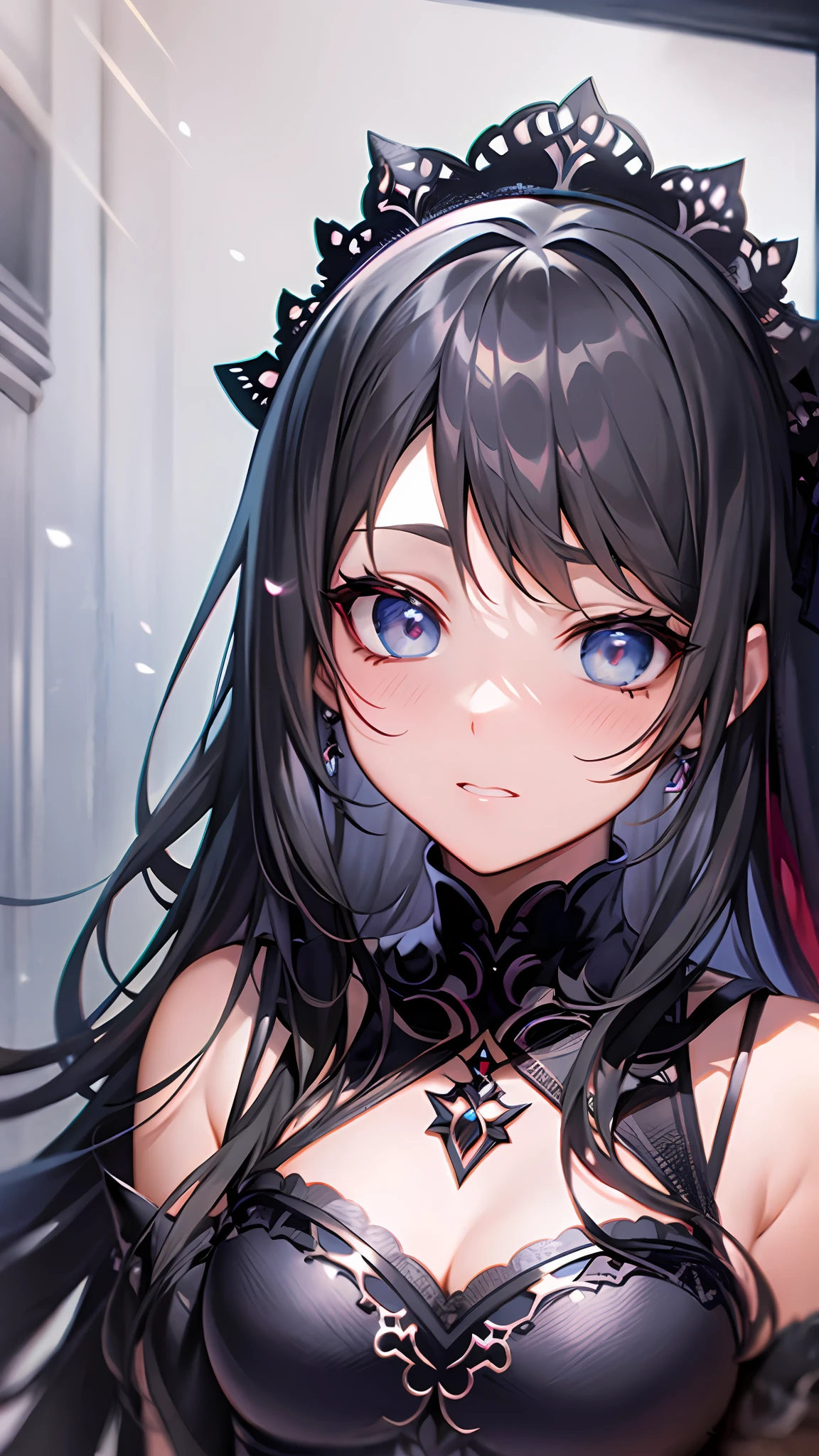Close up portrait of woman in dress in white and black dress、Gothic Otome anime girl、anime girl wearing a black dress、Cute anime waifu in a nice dress、Anime girl in maid costume、Elegant Gothic princess、guweiz、Gwaits at Pixiv Art Station、Gwaitz at Art Station pixiv、Beautiful anime girl、Embarrassed look