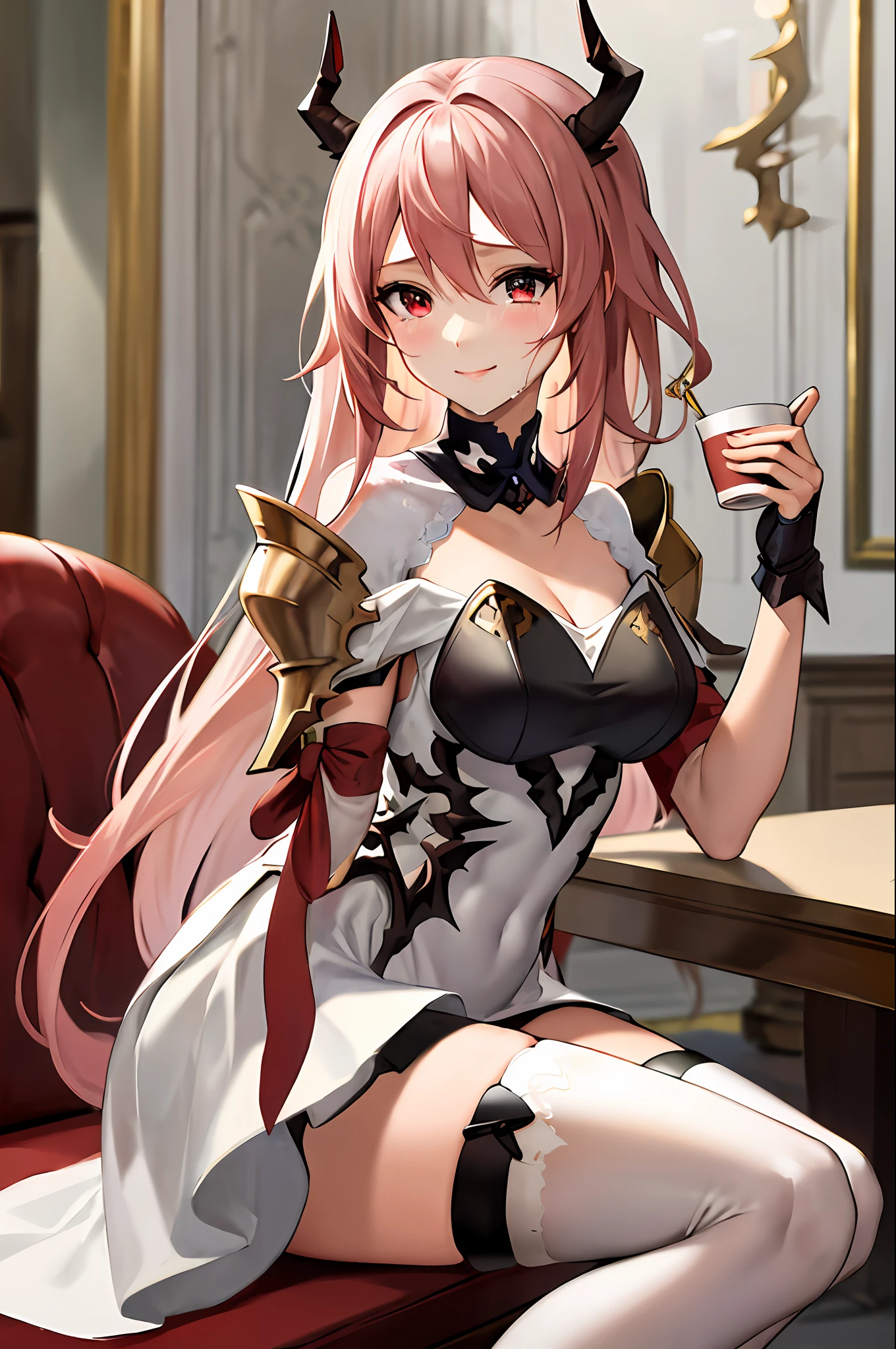 masterpiece, best quality, highres, 1girl, horns,(theresahead), (red eyes), (crying), white dress solo, shoulder armor, dress, very long hair, thigh strap, white dress, (holding big sword), (wearing steel greaves), (wearing steel gauntlets), (wearing chest plate), cleavage, pauldrons, white thighhighs, medium breasts, bangs, detached sleeves, elegantly sit on the chair, smiling, holding a fancy cup of tea