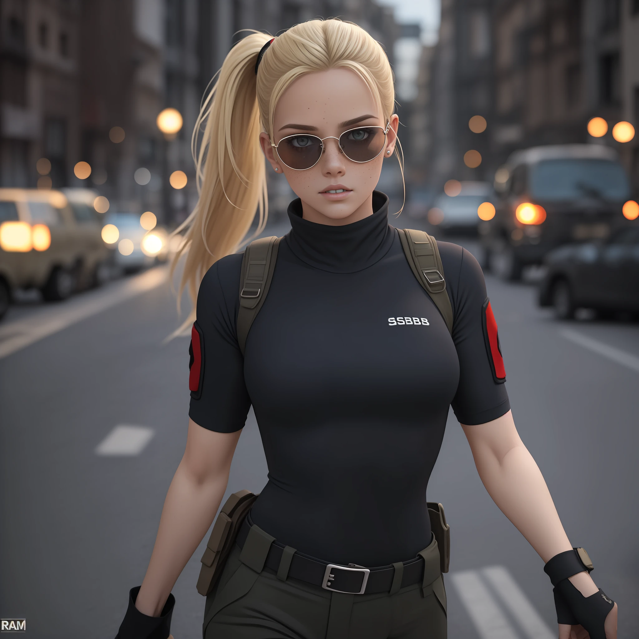 Cammy branco (Street Fighter), gray eyes, cabelo blondie cinza ponytail, pale skin and freckles, soft and beautiful lips, Aviator glasses with yellow transparent lenses, wearing tactical black baselayer, military office pants, black tractor boots, carrying an M4A1 assault rifle, preparing to attack and ambush, Moscow streets at war. Night under street lights. naturallight, poor lighting, photorrealistic, hard disk, 8k, ​masterpiece, hard driveR, .RAW, gazing