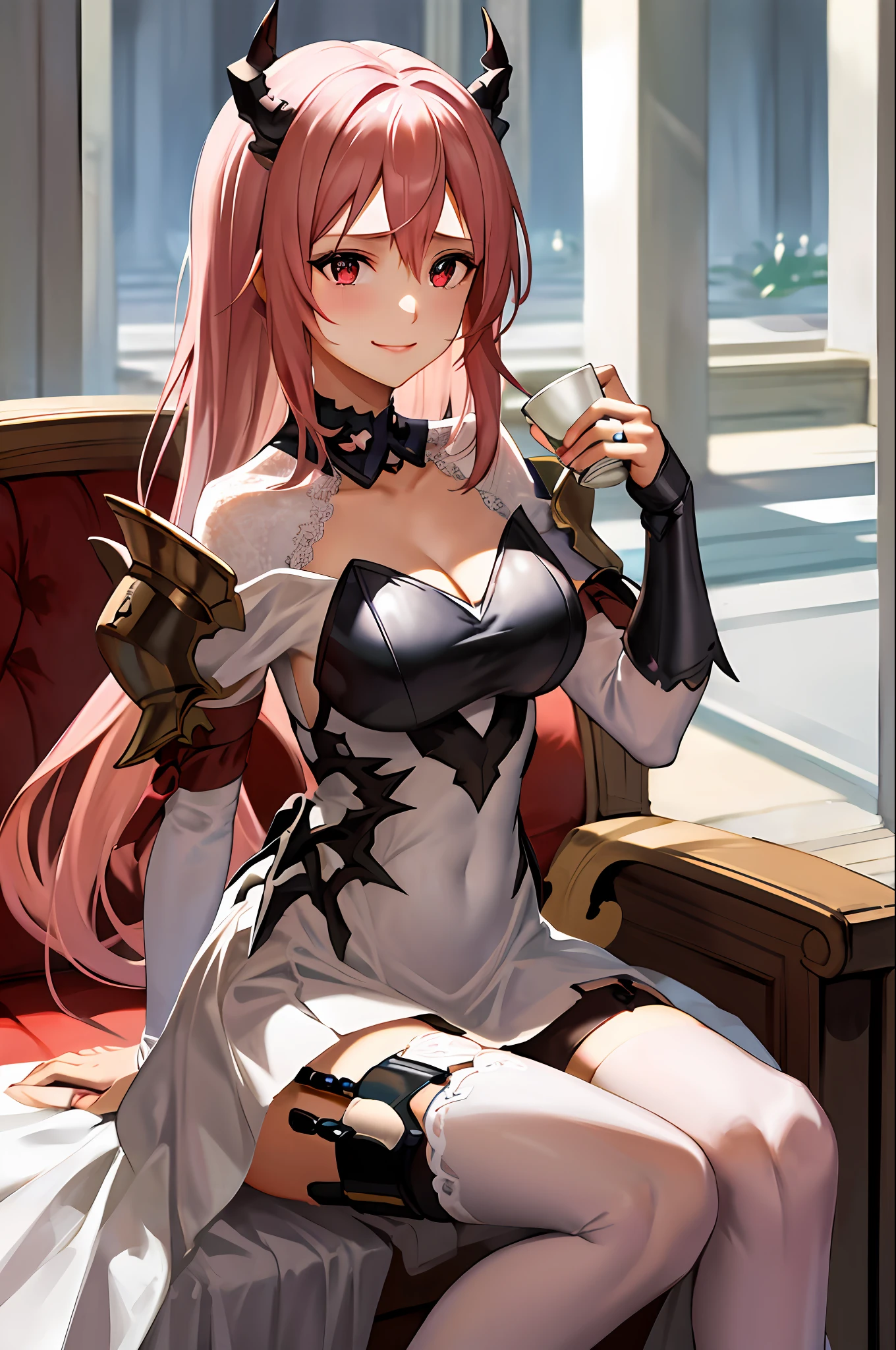 masterpiece, best quality, highres, 1girl, horns,(theresahead), (red eyes), (crying), white dress solo, shoulder armor, dress, very long hair, thigh strap, white dress, (holding big sword), (wearing steel greaves), (wearing steel gauntlets), (wearing chest plate), cleavage, pauldrons, white thighhighs, medium breasts, bangs, detached sleeves, elegantly sit on the chair, smiling, holding a fancy cup of tea