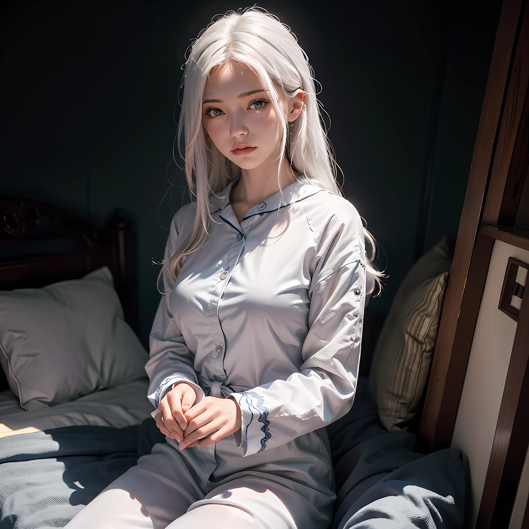 （RAW photos，best qualtiy），（realisticlying，photograph realistic：1.3），best qualtiy，highly  detailed，tmasterpiece，hyper-detailing，illustratio，1girll，upper_body，dynamic angle，Masterpiece Theatre of the World，messy_long_hair，best qualtiy，extremely detailed CG unity 8k wal，ink，astounding，cinmatic lighting，lens_flare，，Cute little girl with white hair in white pajamas three views --auto