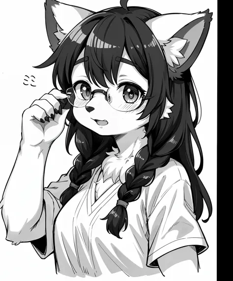 (furry female:1.2), (furry:1.2), (body fur:1.16), anthro, tail, 1girl, braid, commentary_request, glasses, gofu, greyscale, hyak...