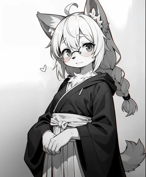 (furry female:1.2), (furry:1.2), (body fur:1.16), anthro, tail, 1girl, braid, commentary_request, glasses, gofu, greyscale, hyak...