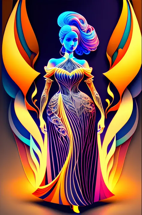 multi dimensional quilling paper,a woman in a gorgeous long dress，neonlight, 3 d neon art of a womens body, hyper-realistic clas...