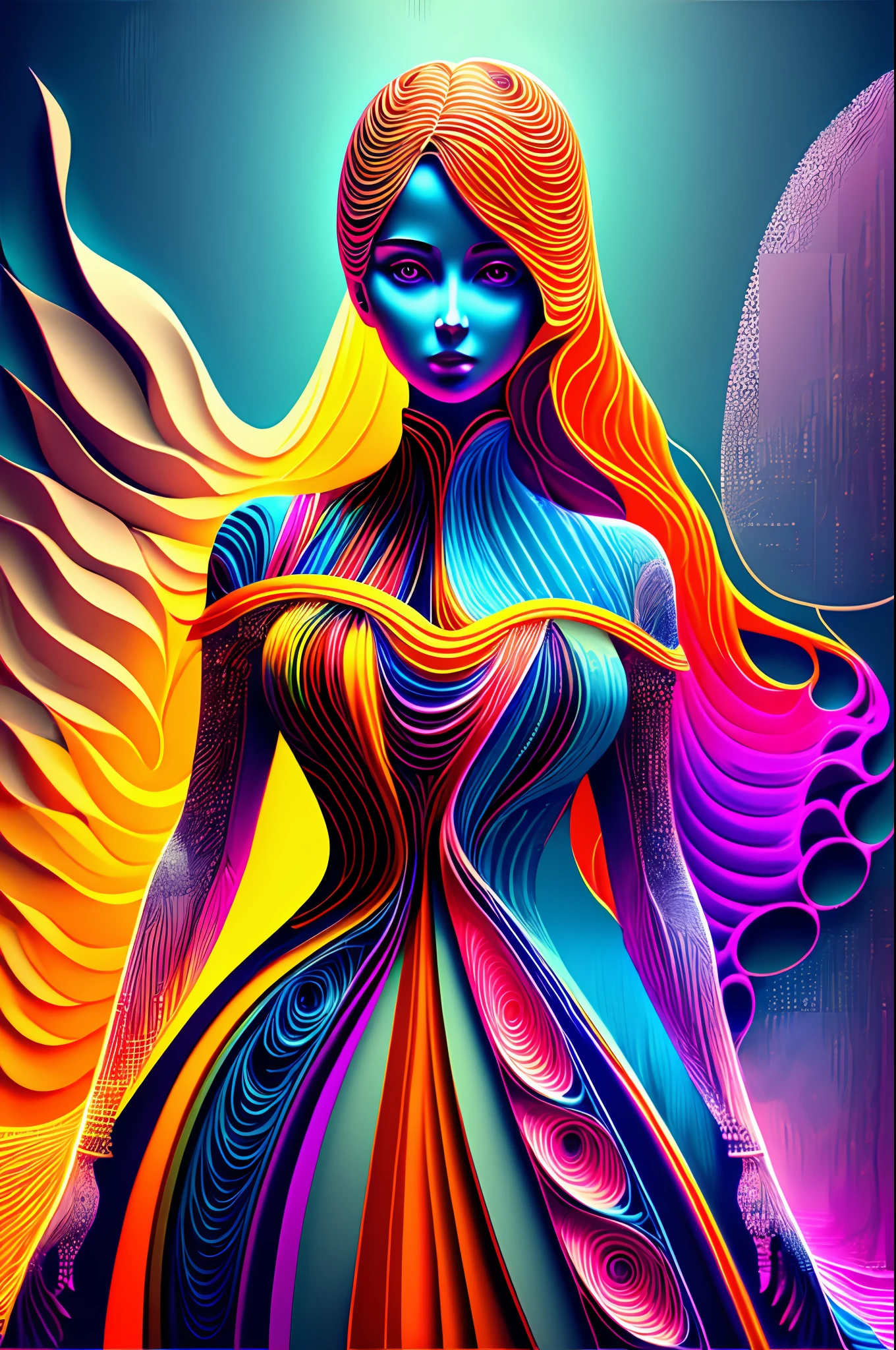 multi dimensional quilling paper,A woman in a gorgeous long dress，neonlight, 3 d neon art of a womens body, Hyper-realistic classical style, futuristic art style, Beautiful noble woman model, Gothic style ， Hyperrealistic, Renaissance fashion model, Baroque art surreal 8K, Beautiful digital artwork, Masterpiece art style, Stylish lenses, vivd colour, gorgeous digital art, stunning digital art