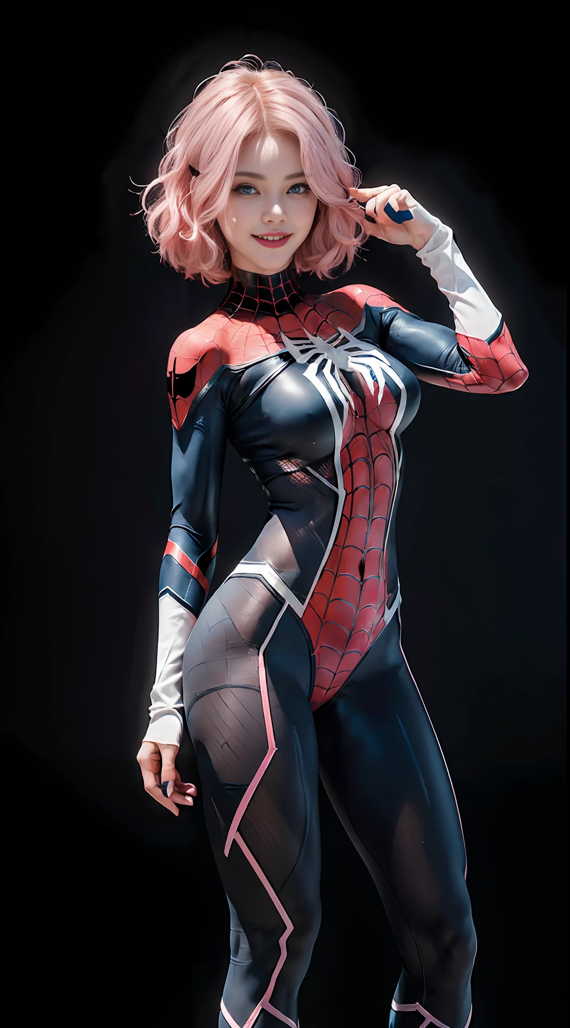 A close up of a woman in a spider - man suit posing for a picture - SeaArt  AI