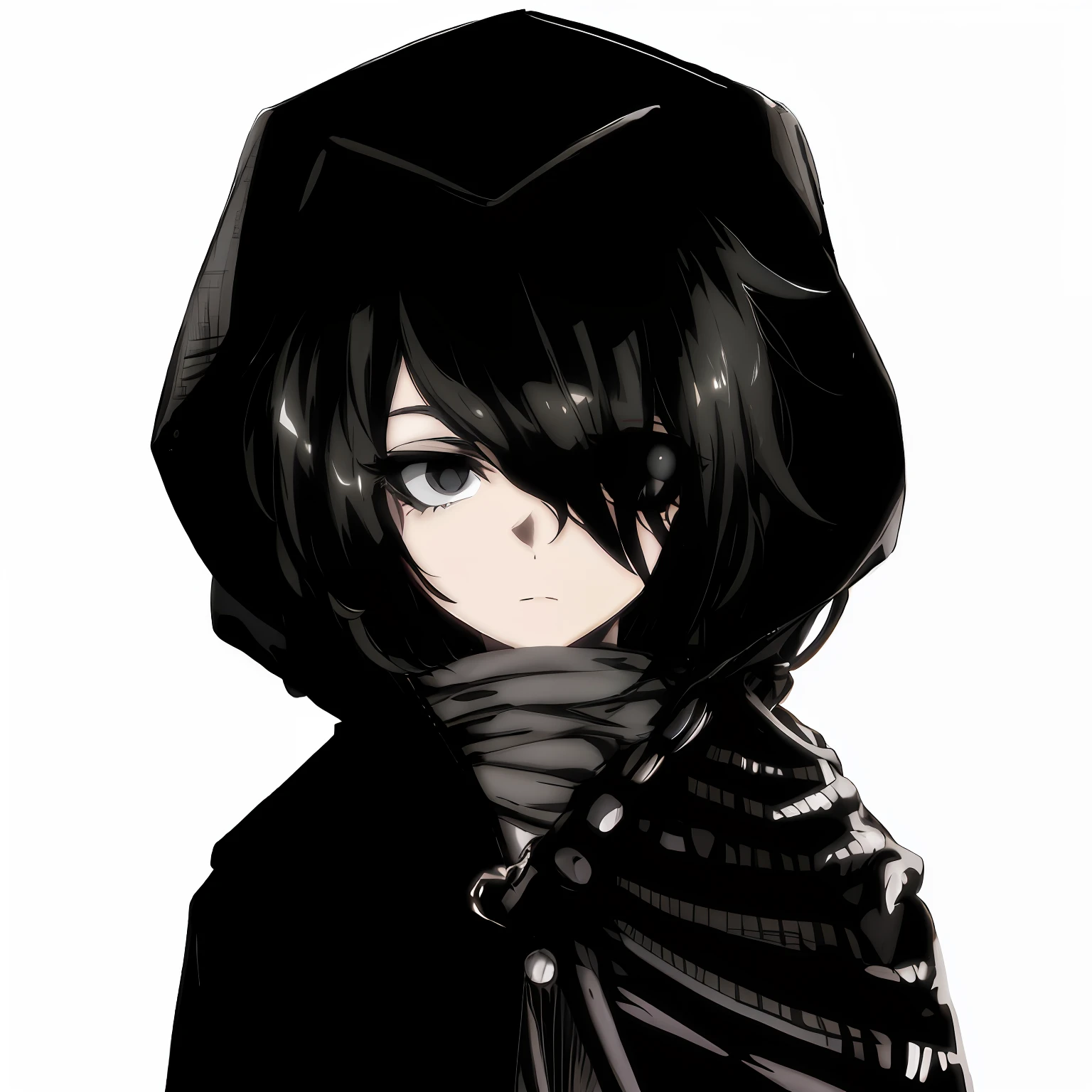 anime girl with black hair and a black hoodie, black haired girl wearing hoodie, inspired by Yamagata Hiro, cyberpunk anime girl in hoodie, wearing a dark hood, digital art from danganronpa, ( ( Deep black eyes ) ), emo anime girl, anime style portrait, vector shaded anime, akane owari danganronpa, made with anime painter studio