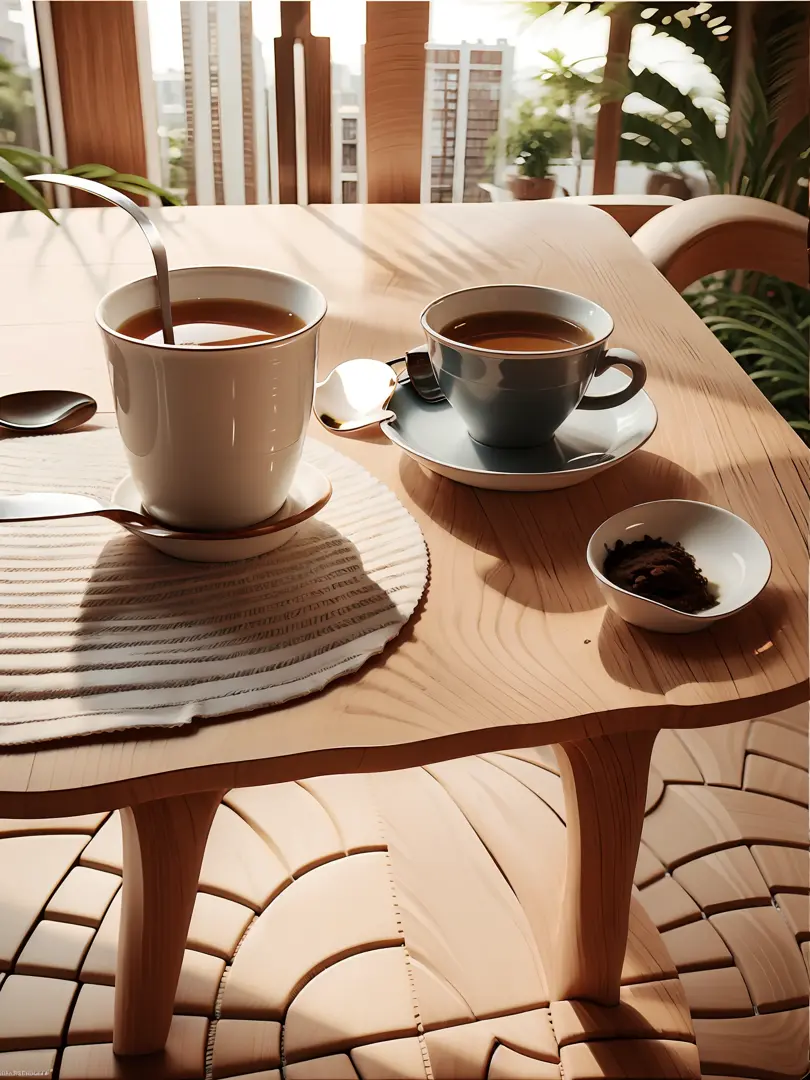 there is a cup of tea and a spoon on a table, drinking tea, is ((drinking a cup of tea)), in a sidewalk cafe, tea, table in fron...