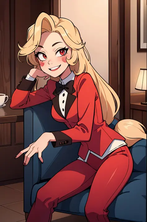 (masterpiece, best quality:1.2), solo, 1girl, charlie morningstar, smile, looking at viewer, sitting in an armrest chair, long hair, red suit, red pants, hotel