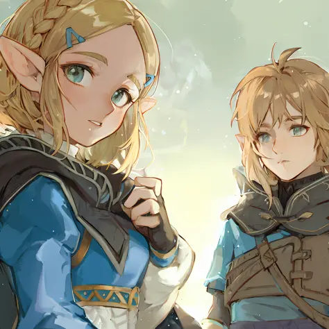 two anime characters are standing next to each other in the snow, botw style, zelda and link, botw, zelda botw, breath of the wild art style, breath of the wild style, zelda style art, zelda breath of the wild, From《Legend of Zelda》, Breath of The Wild, video game fanart, High-quality fanart, lalafell