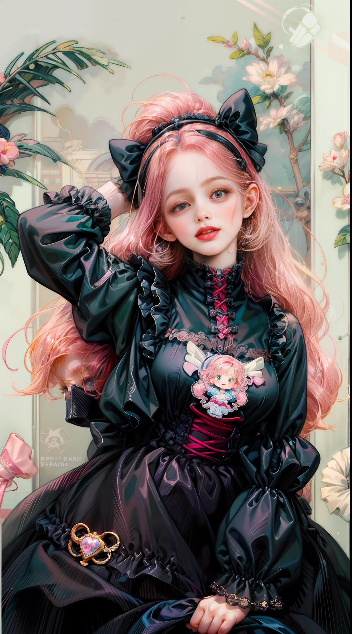 anime girl with pink hair and black clothes with various stickers, lovely art style, gloomy style, pastel goth aesthetic, urban girl fanart, pastel goth, Cute anime style, dressed in punk clothing, decora inspired illustrations, Anime style illustration, cute artwork, style anime, Cute cartoon style, Wearing!!! clothes!!!, pink and black, Kawaii style, my dress up darling anime