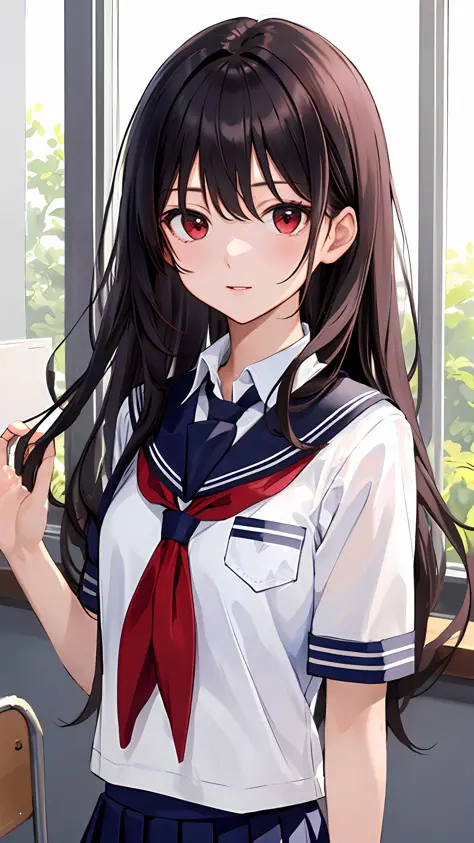 (masterpiece, best quality:1.2), looking at viewer, school uniform, (wavy hair:0.8), long hair, red eyes, upper body,